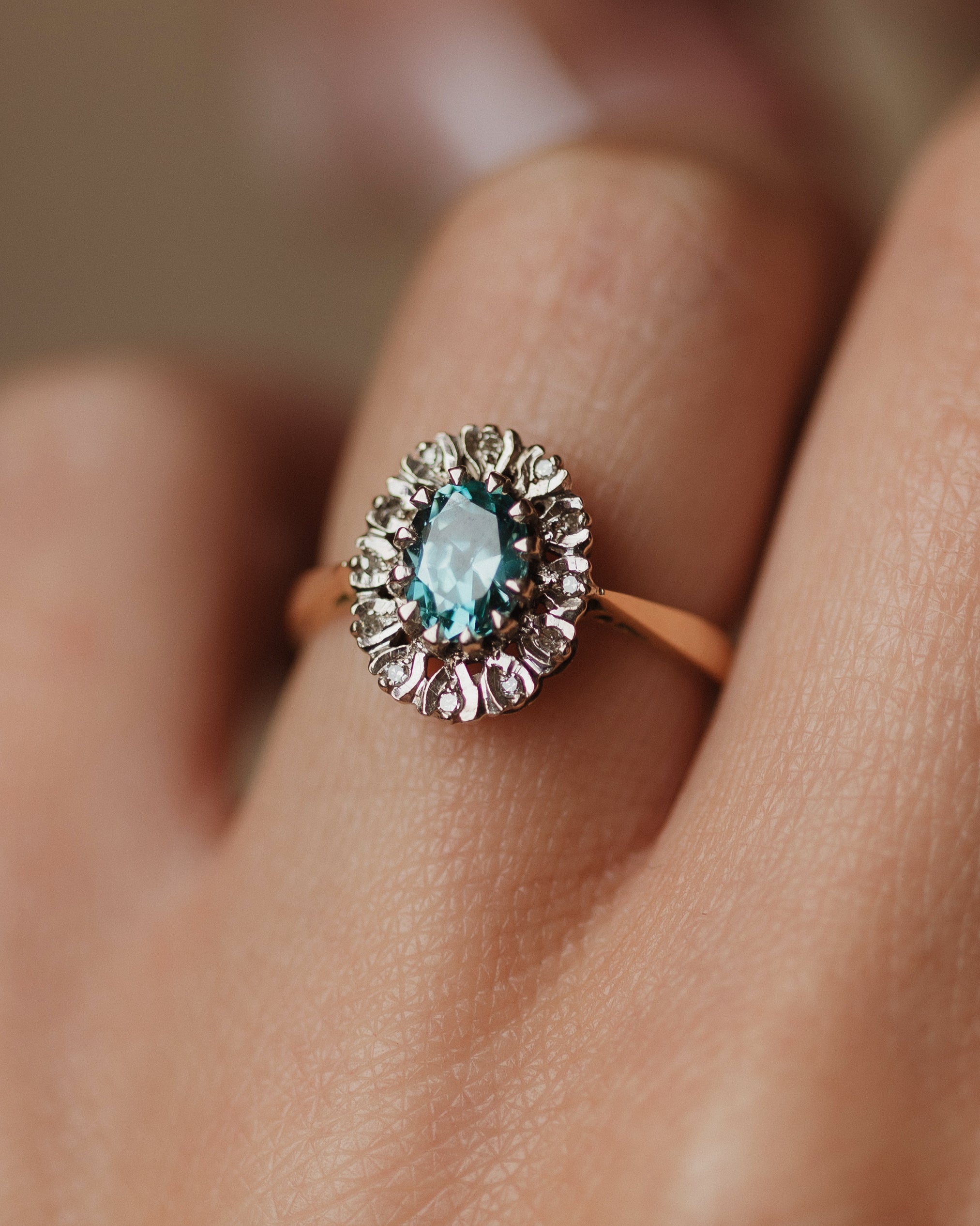 Josephine 1970 Vintage 18ct Gold Blue Zircon & Diamond Cluster Ring
