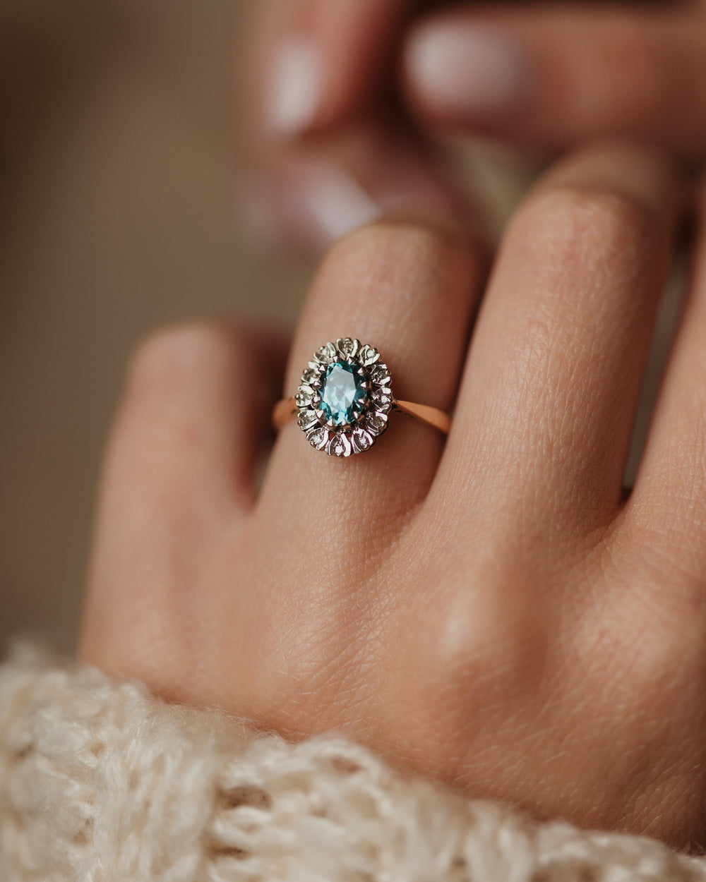 Josephine 1970 Vintage 18ct Gold Blue Zircon & Diamond Cluster Ring