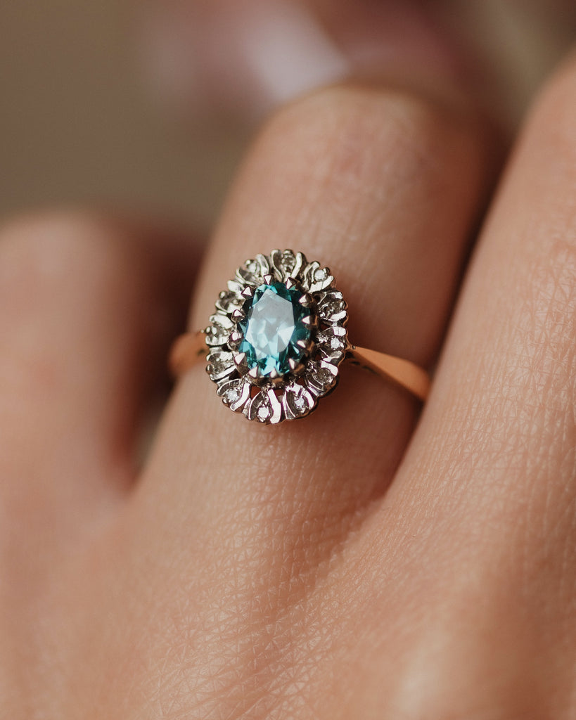 Josephine 1970 Vintage 18ct Gold Blue Zircon & Diamond Cluster Ring