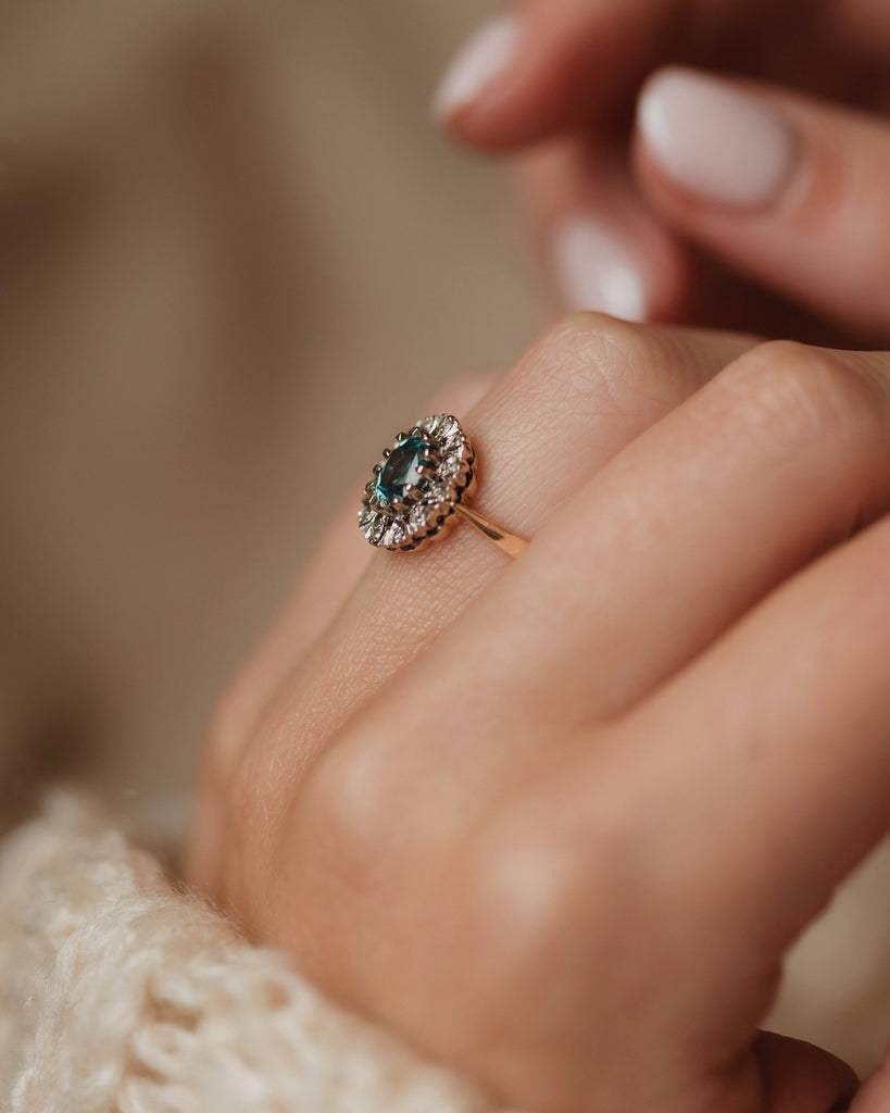 Josephine 1970 Vintage 18ct Gold Blue Zircon & Diamond Cluster Ring