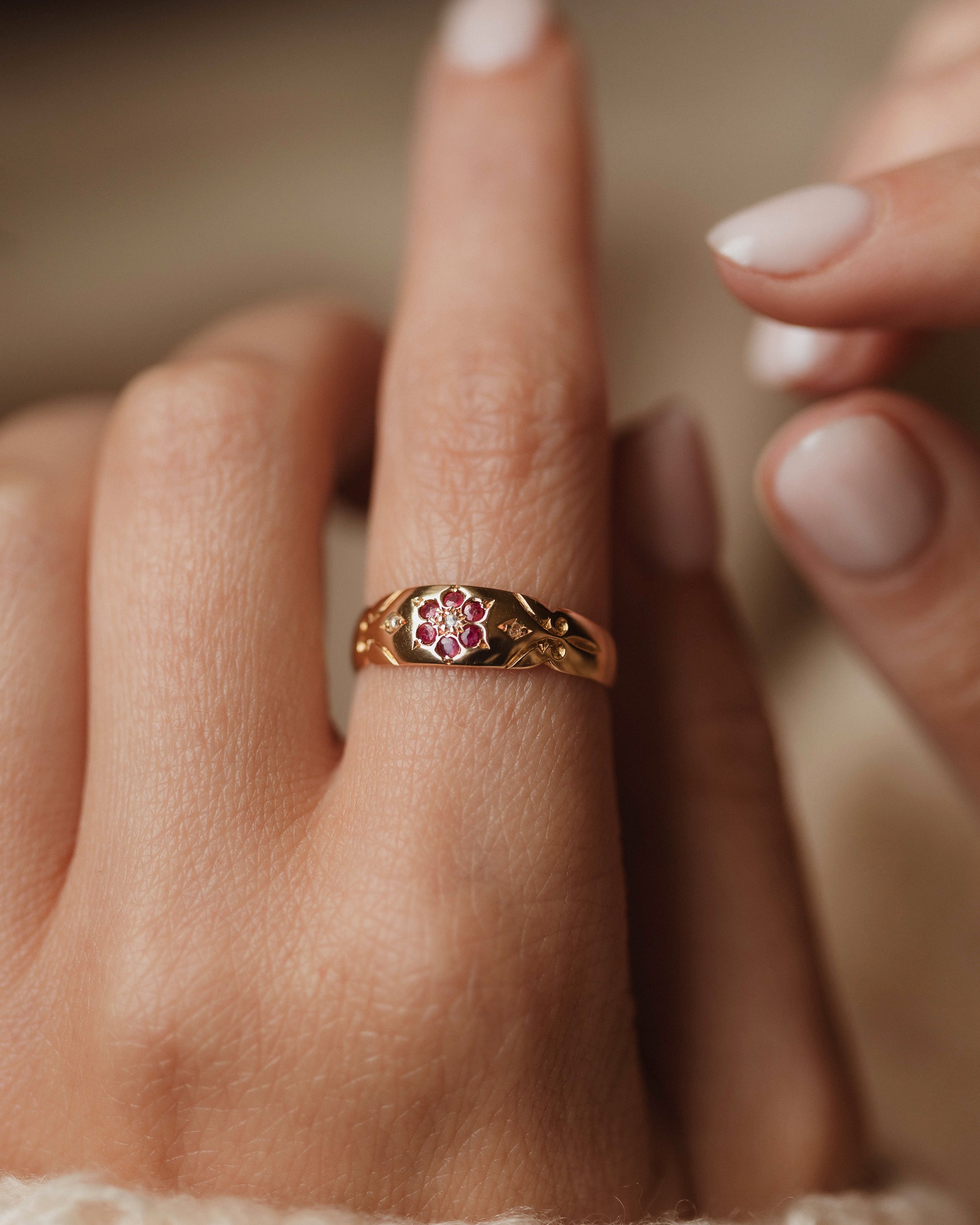 Image of Ida 1919 Antique 18ct Gold Ruby & Diamond Flowerhead Ring