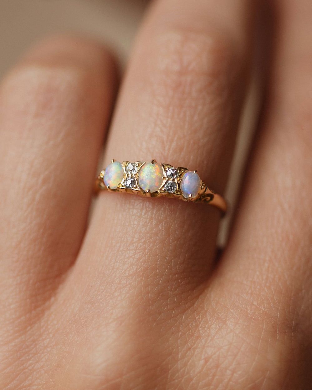 Maggie Antique 18ct Gold Opal & Diamond Seven Stone Ring