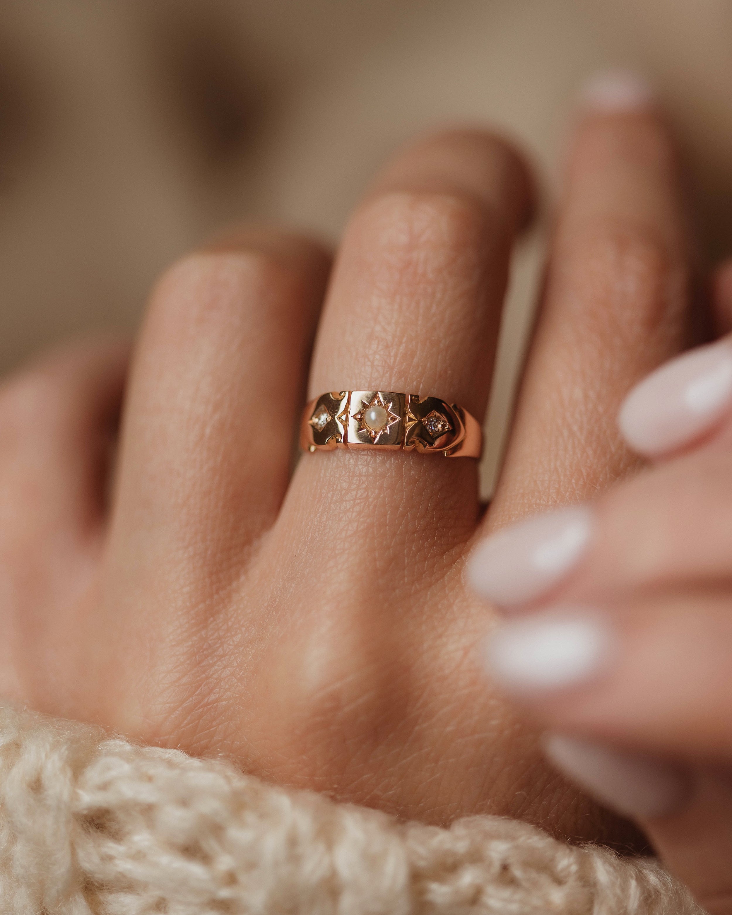 Image of Eimear 1882 Antique 15ct Gold Pearl & Diamond Trilogy Ring