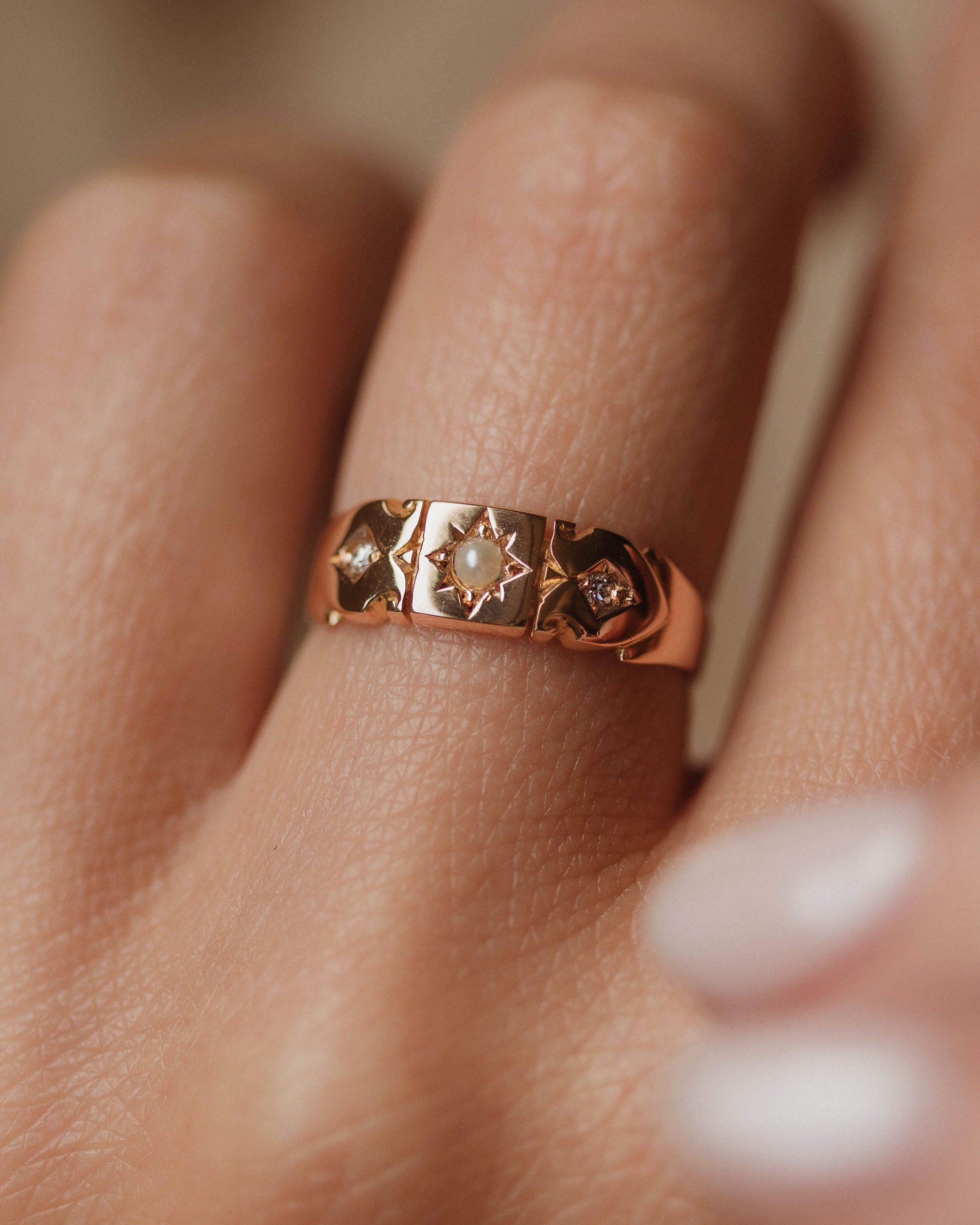 Eimear 1882 Antique 15ct Gold Pearl & Diamond Trilogy Ring