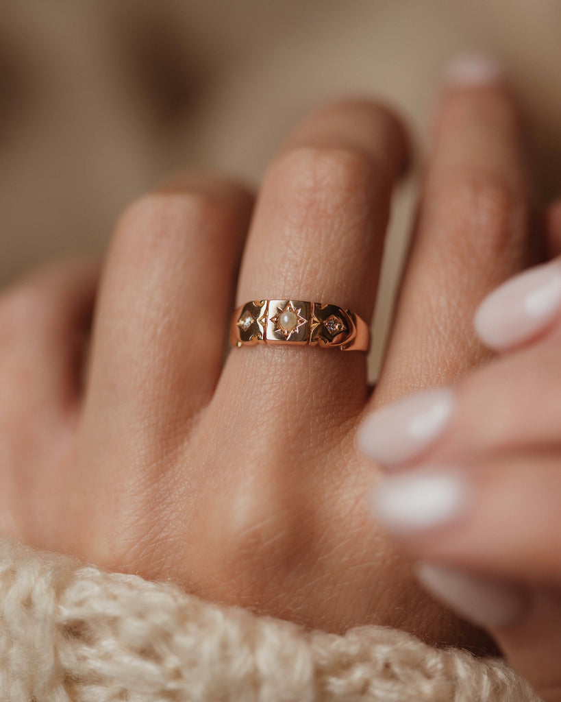 Eimear 1882 Antique 15ct Gold Pearl & Diamond Trilogy Ring