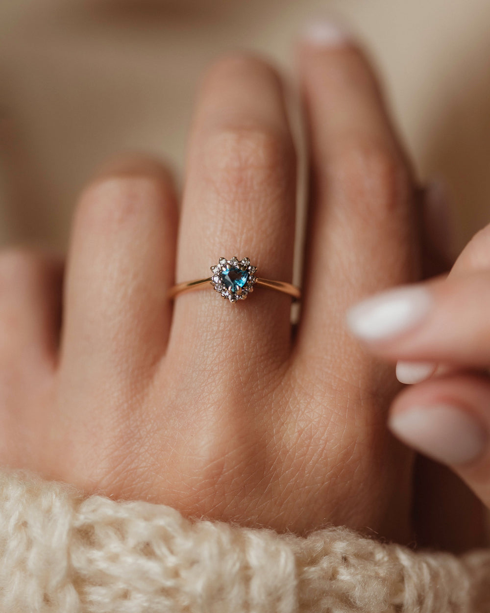 Rosalie 1990 Vintage 9ct Gold Blue Topaz & Diamond Heart Cluster Ring