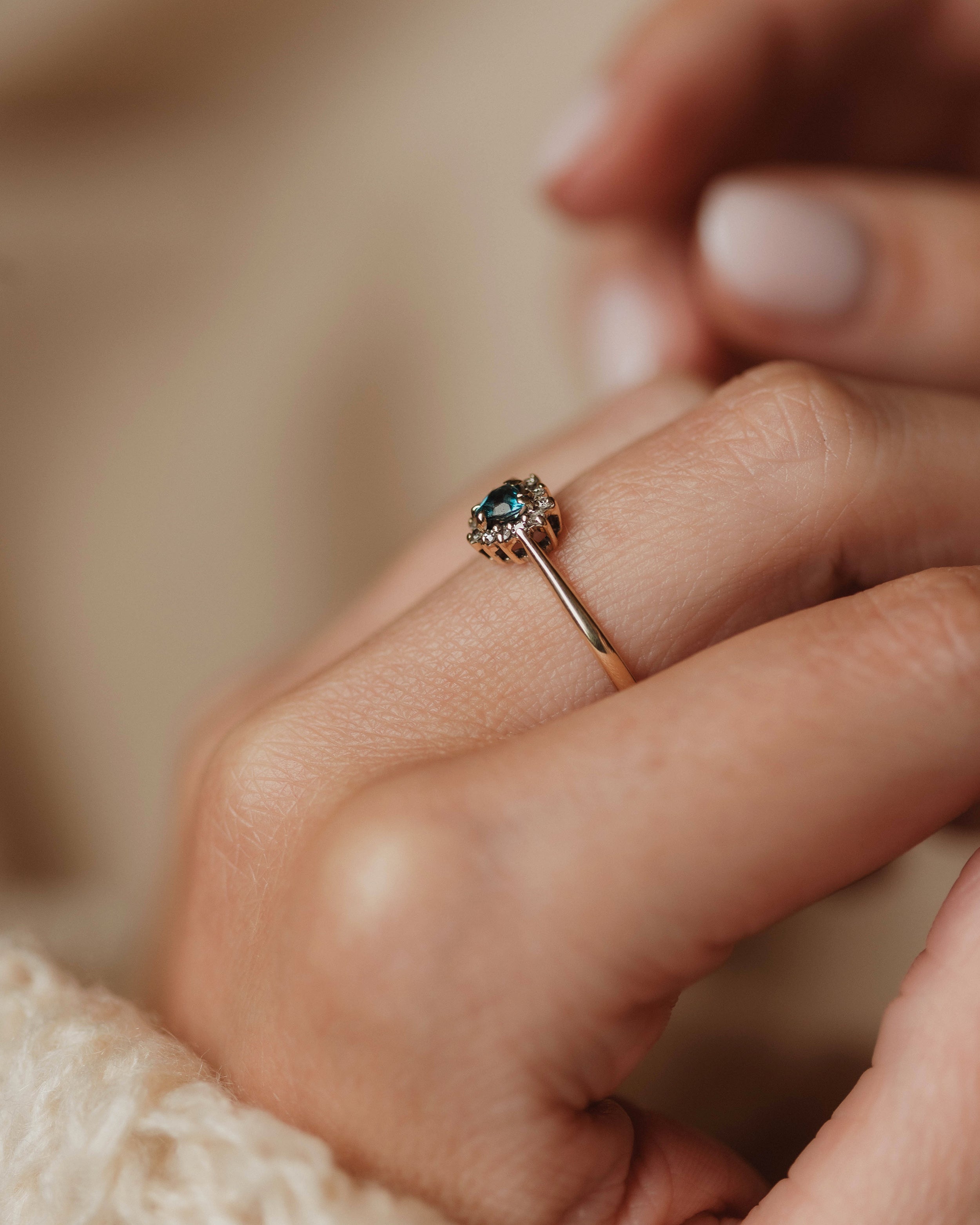 Rosalie 1990 Vintage 9ct Gold Blue Topaz & Diamond Heart Cluster Ring