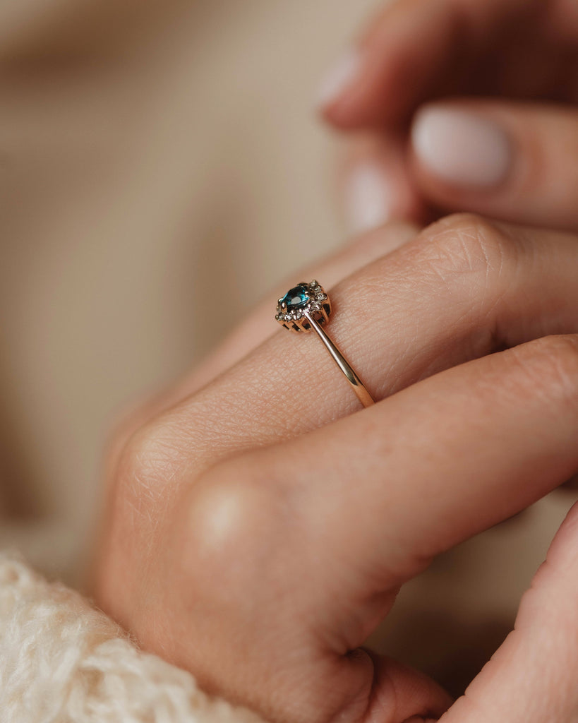 Rosalie 1990 Vintage 9ct Gold Blue Topaz & Diamond Heart Cluster Ring