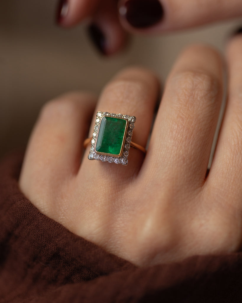 Ottilie Vintage 18ct Gold Emerald & Diamond Rectangular Cluster Ring