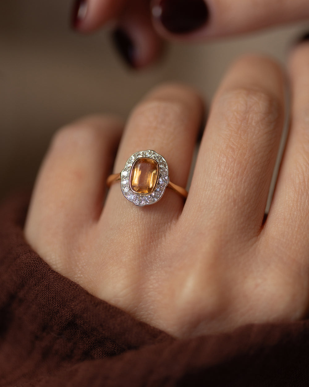 Alexandrine Antique 18ct Gold Topaz & Diamond Cluster Ring