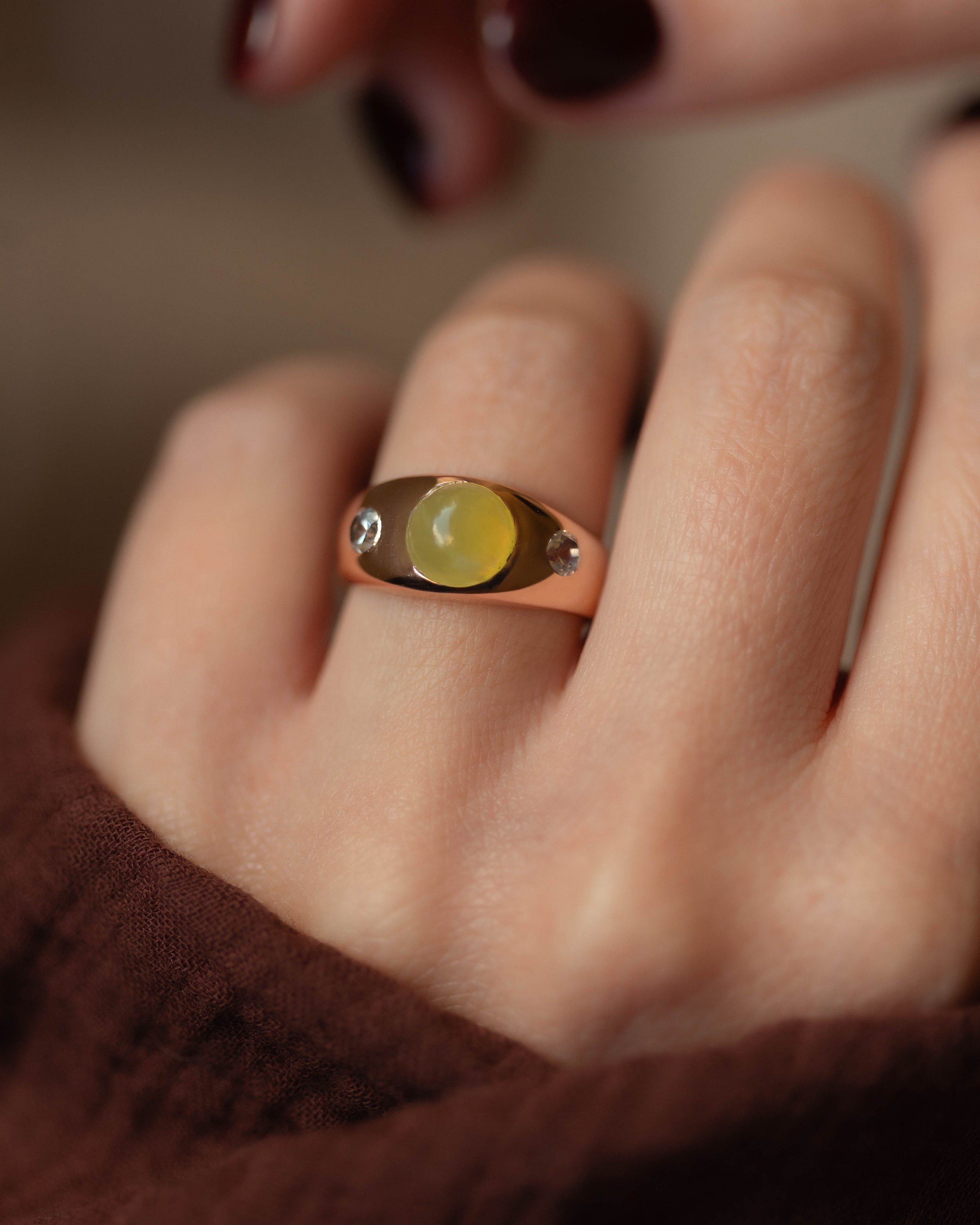 Emilienne Vintage 9ct Gold Chrysoberyl & Diamond Trilogy Ring