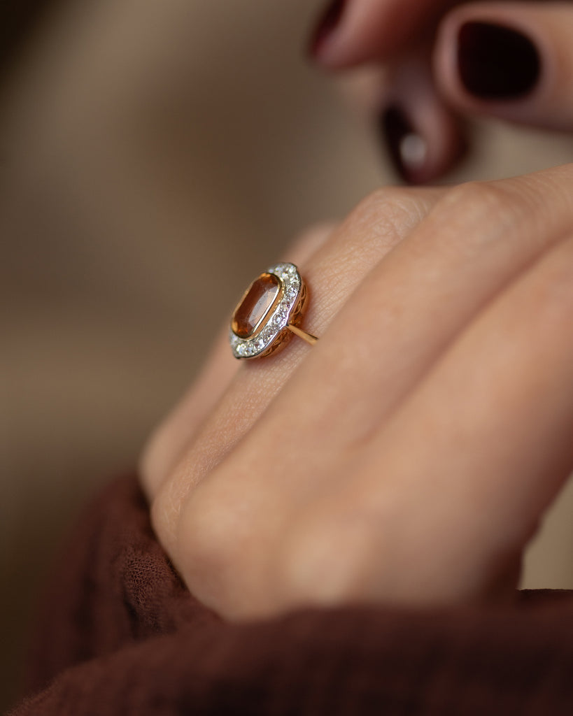 Alexandrine Antique 18ct Gold Topaz & Diamond Cluster Ring