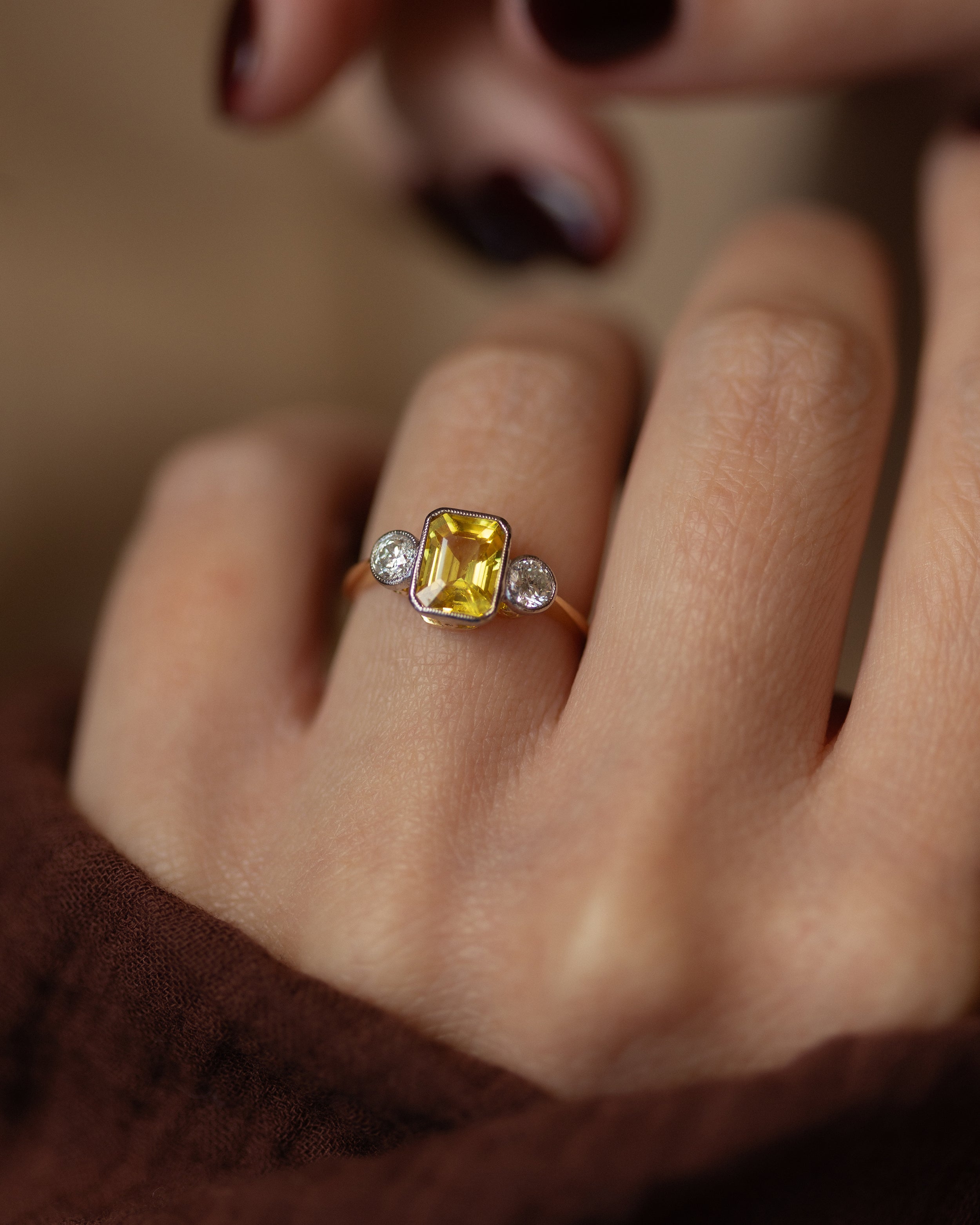 Image of Nicolette Vintage 18ct Gold Yellow Sapphire & Diamond Trilogy Ring