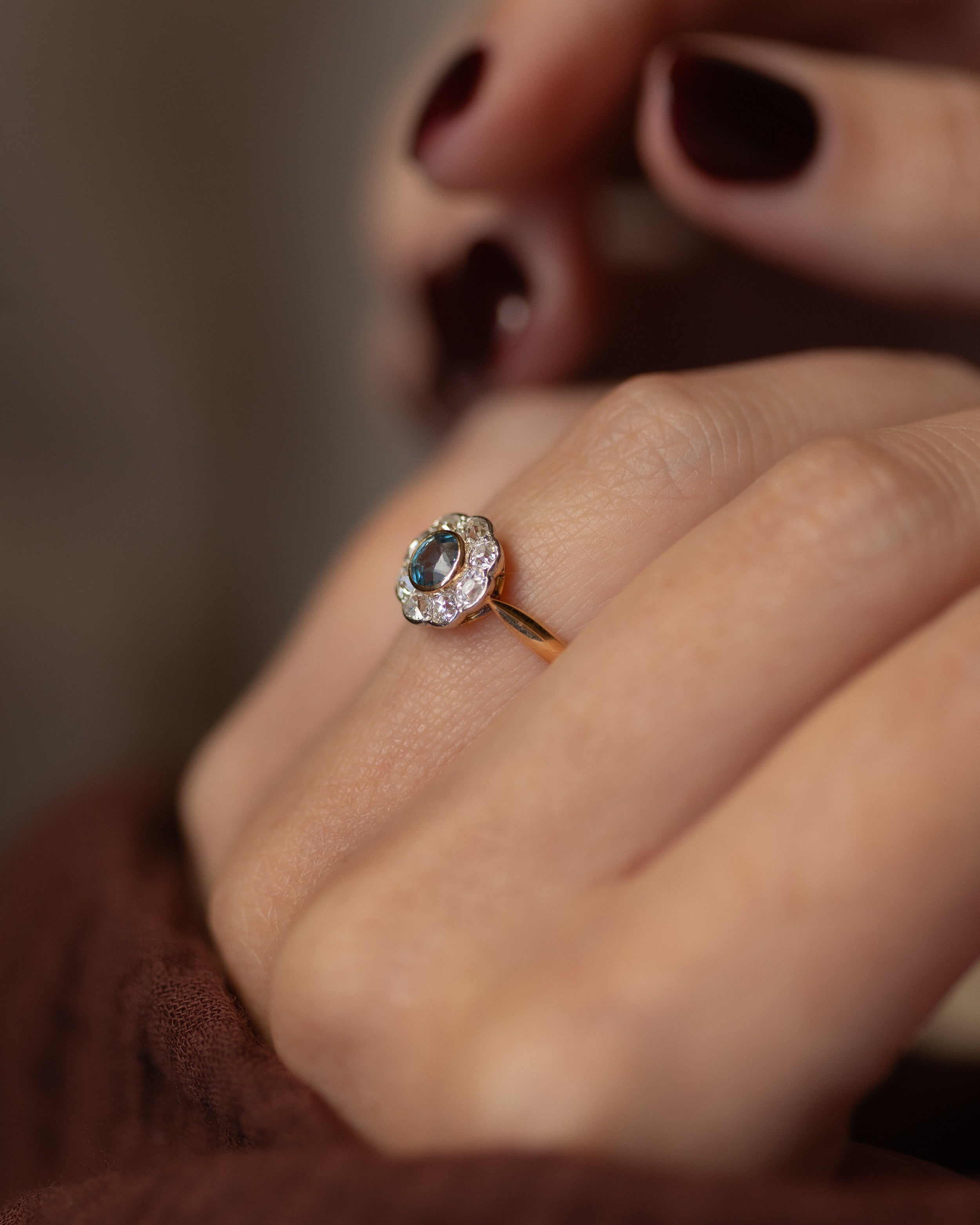 Evelina Antique 18ct Gold Aquamarine & Diamond Cluster Ring
