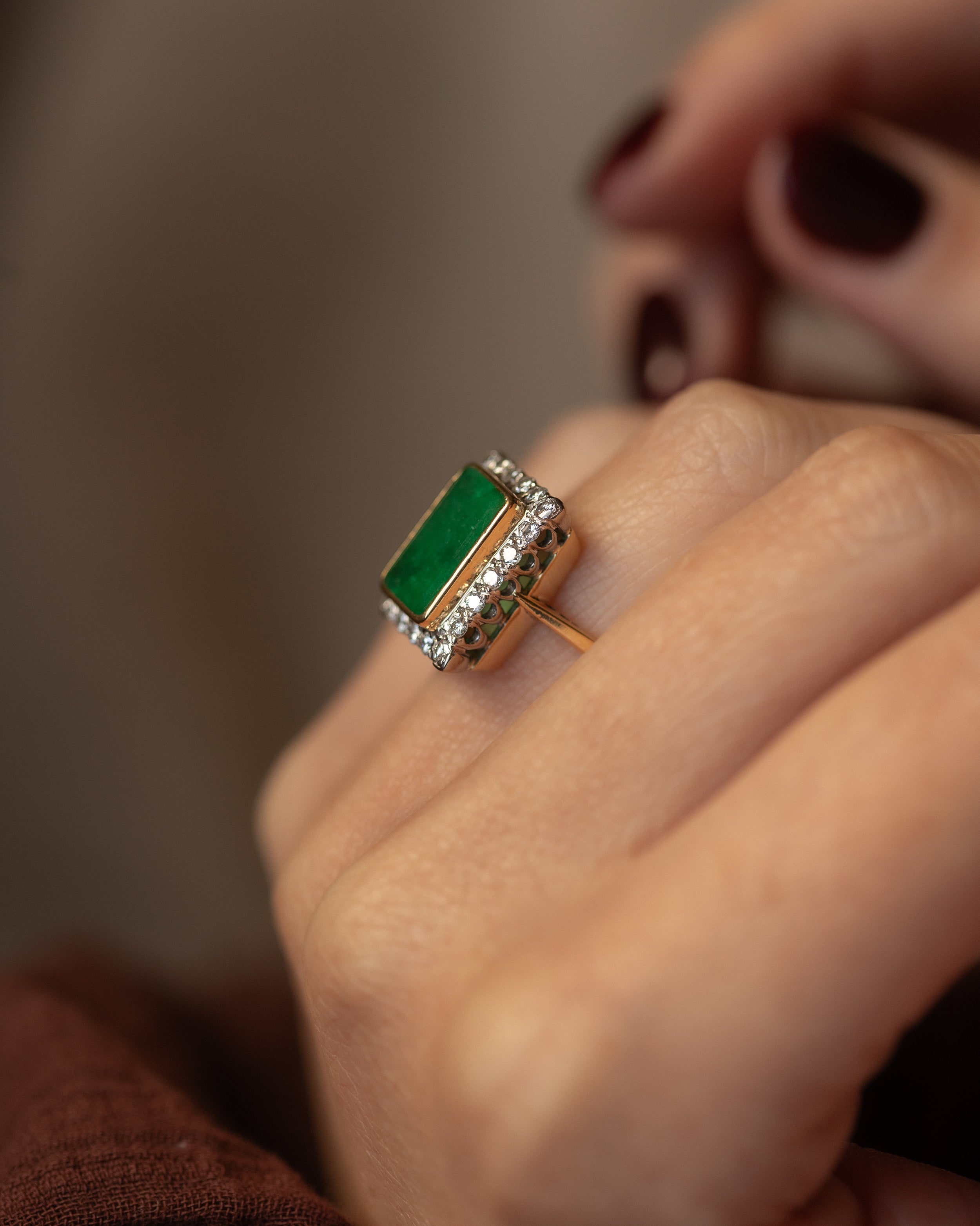 Ottilie Vintage 18ct Gold Emerald & Diamond Rectangular Cluster Ring