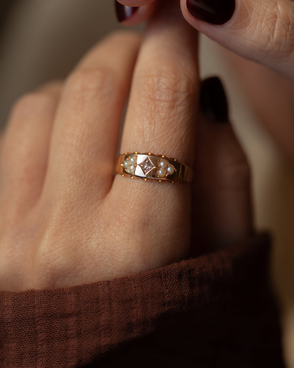 Charline 1894 Antique 15ct Gold Diamond & Pearl Seven Stone Ring