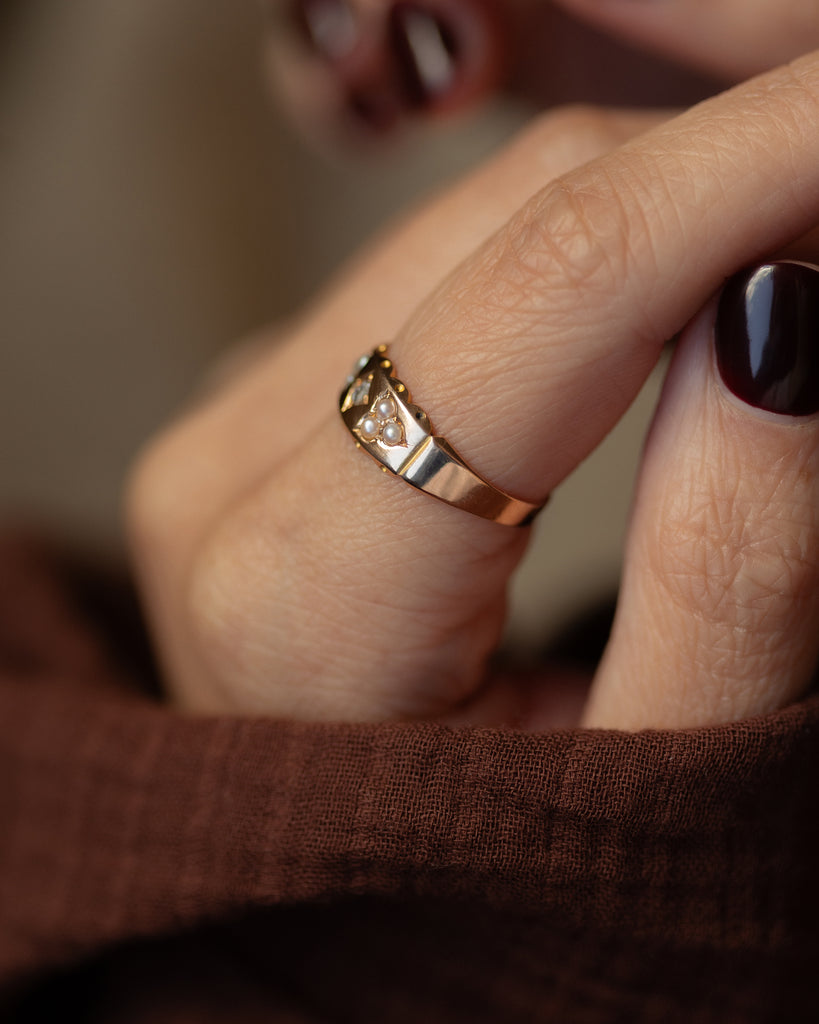Charline 1894 Antique 15ct Gold Diamond & Pearl Seven Stone Ring