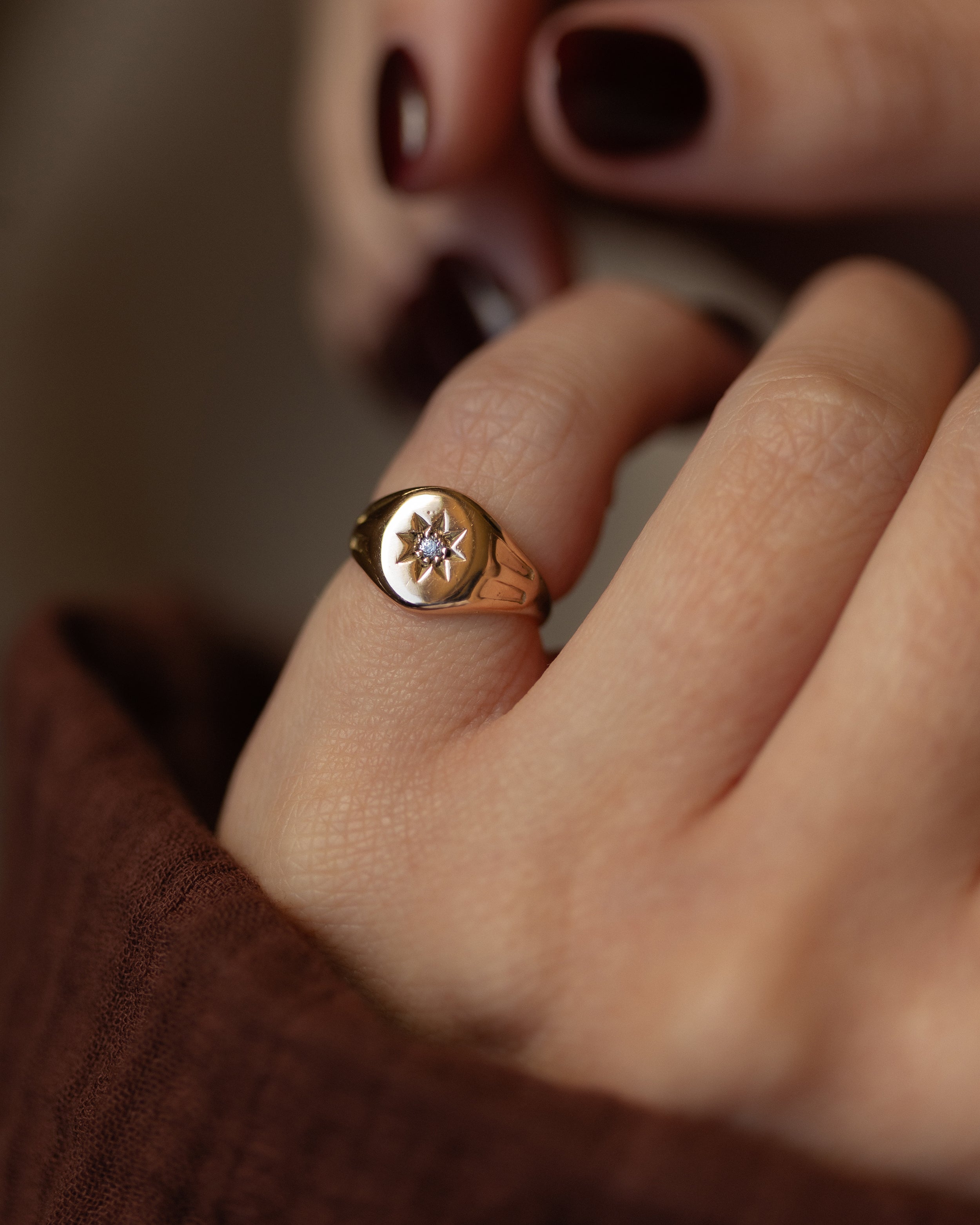Image of Estelle 1915 Antique 9ct Gold Star Set Diamond Signet Ring