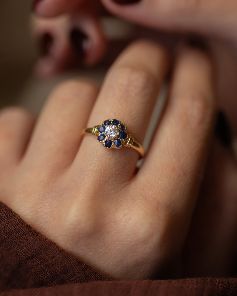 Rosalind 1989 Vintage 18ct Gold Diamond & Sapphire Cluster Ring