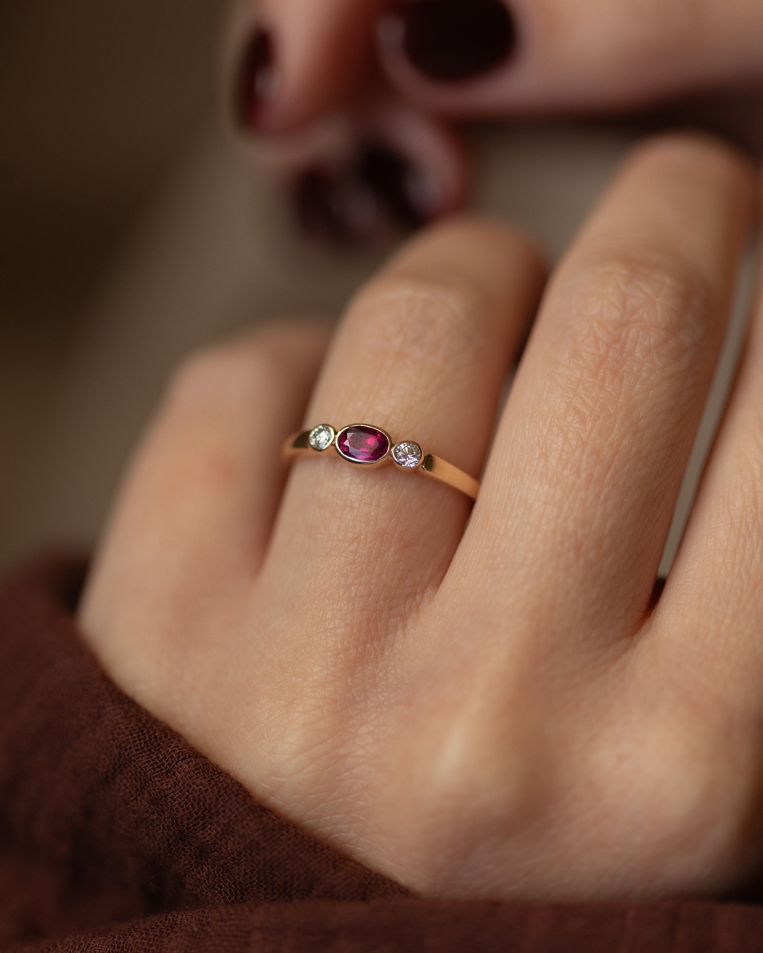 Image of Alice 1987 Vintage 9ct Gold Ruby & Diamond Trilogy Ring