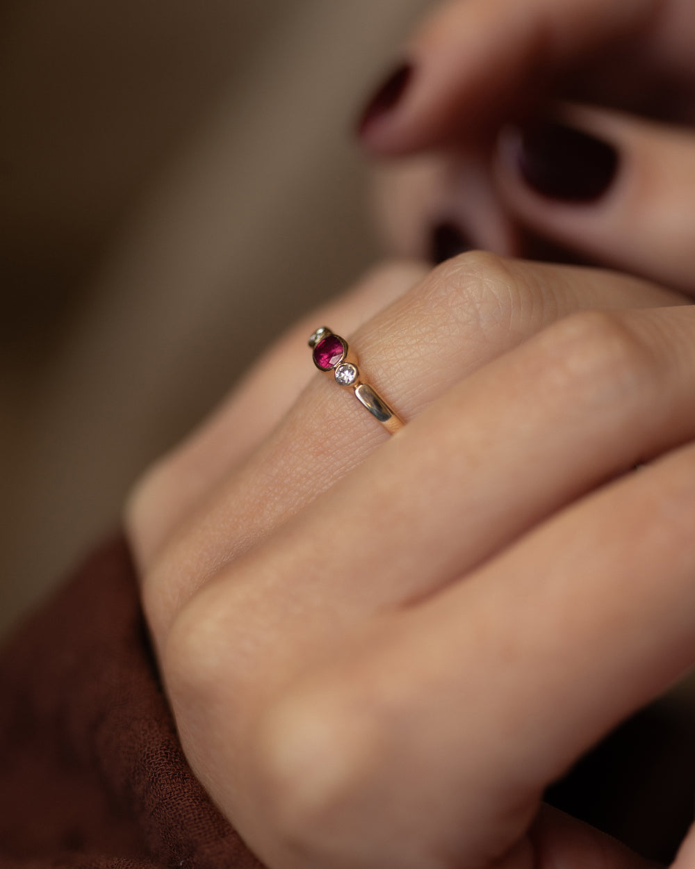 Alice 1987 Vintage 9ct Gold Ruby & Diamond Trilogy Ring