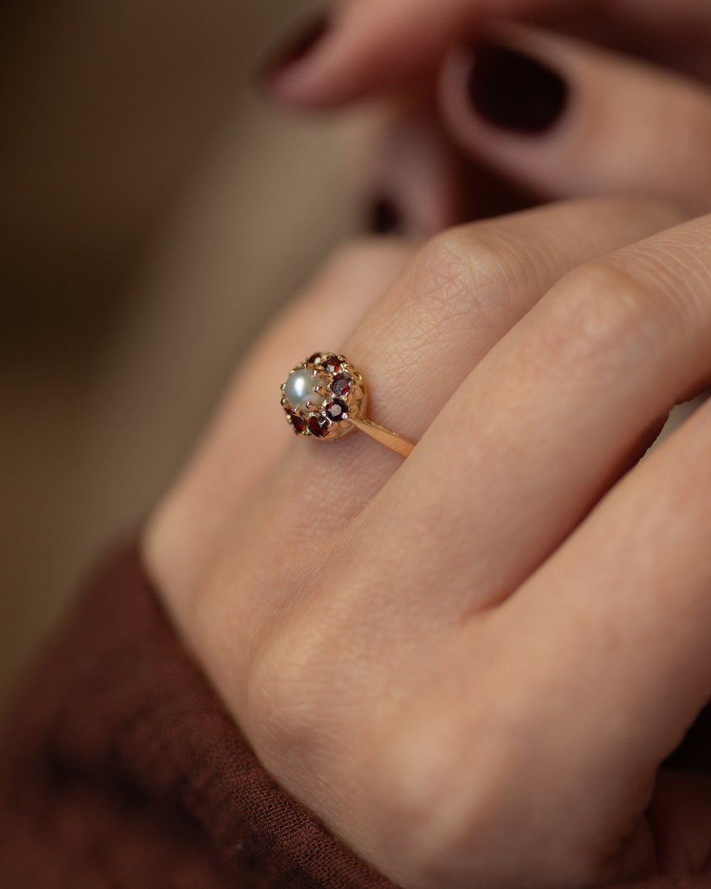 Lauretta 1980 Vintage 9ct Gold Pearl & Garnet Cluster Ring