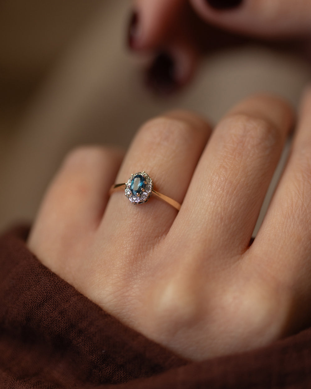 Helene Vintage 9ct Gold Blue Topaz & Diamond Cluster Ring