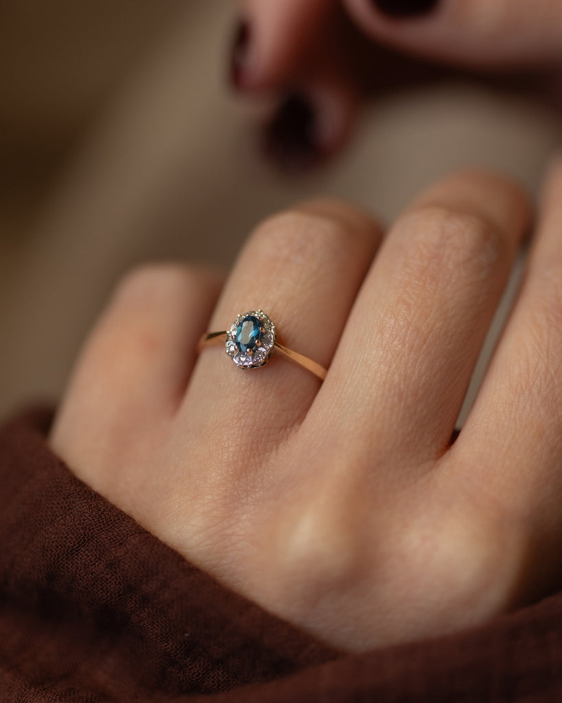 Helene Vintage 9ct Gold Blue Topaz & Diamond Cluster Ring