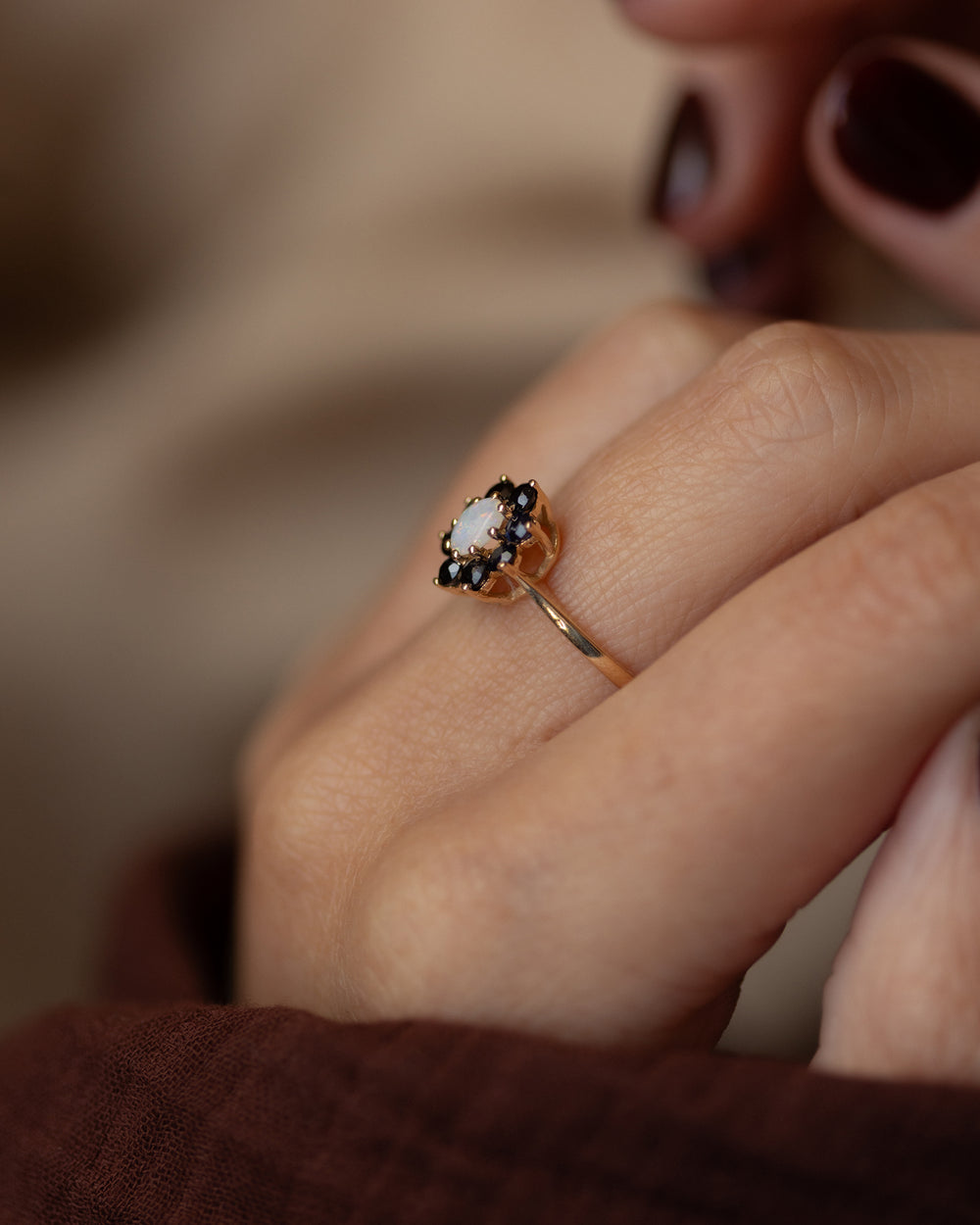 Claudine 1983 Vintage 9ct Gold Opal & Sapphire Cluster Ring