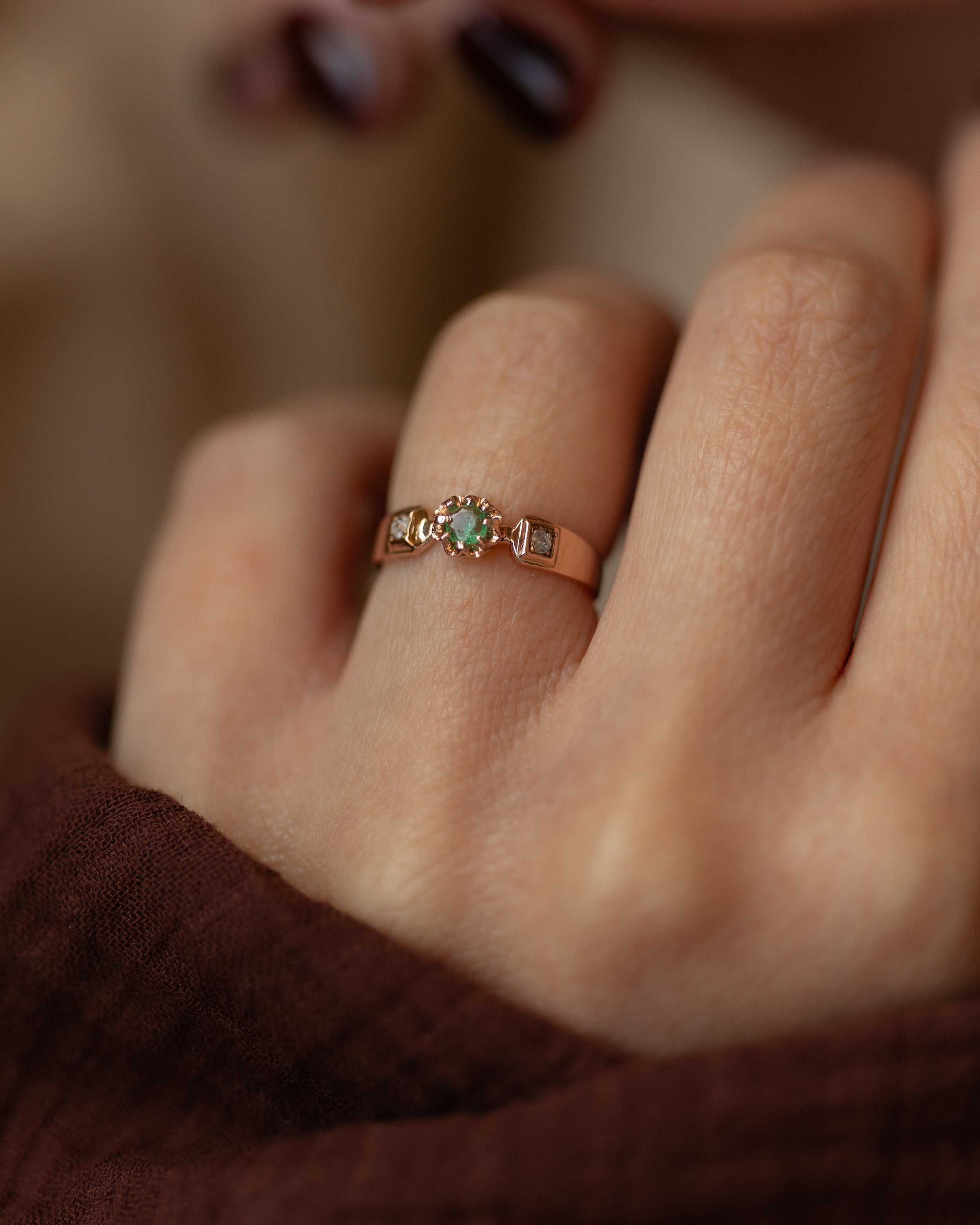 Image of Élodie Antique 18ct Gold Emerald & Diamond Trilogy Ring