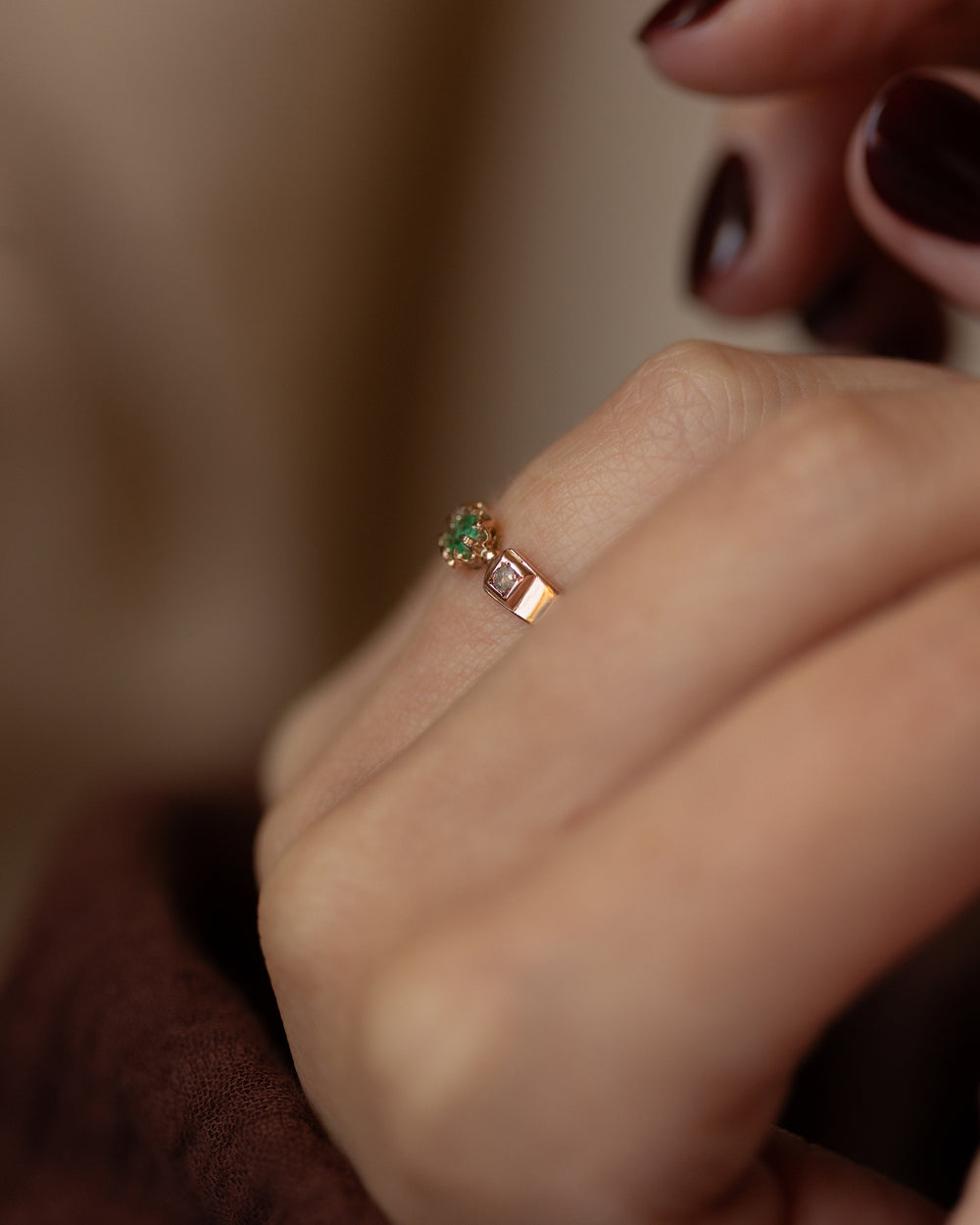 Élodie Antique 18ct Gold Emerald & Diamond Trilogy Ring