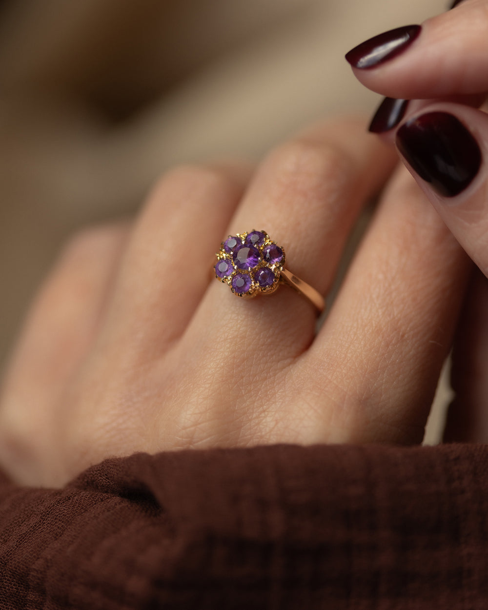 Irina 1969 Vintage 9ct Gold Amethyst Flowerhead Cluster Ring