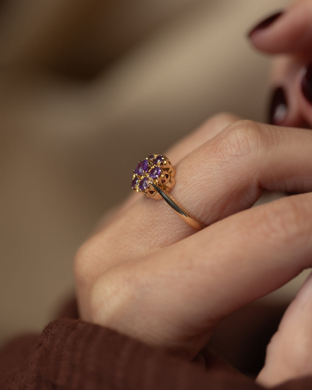Irina 1969 Vintage 9ct Gold Amethyst Flowerhead Cluster Ring