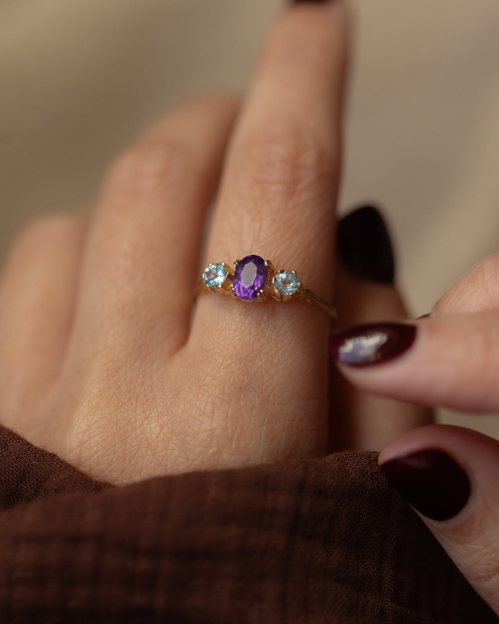 Erna Vintage 9ct Gold Amethyst & Blue Topaz Trilogy Ring