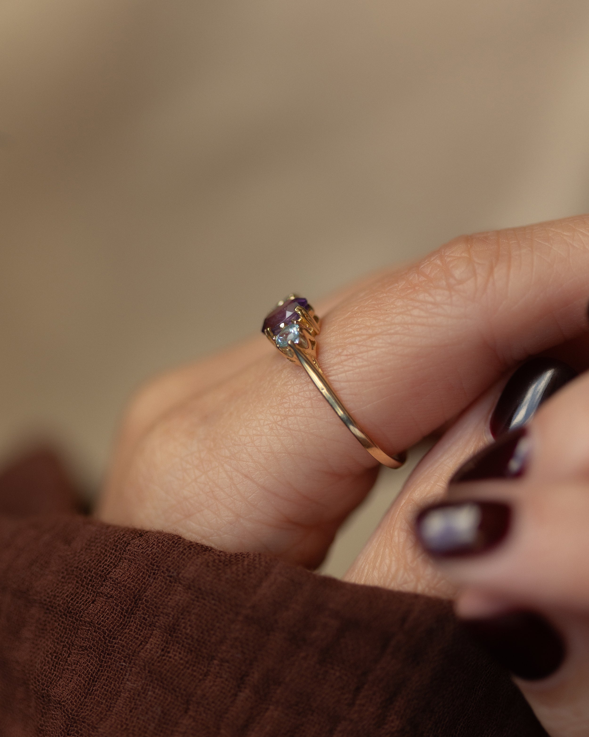 Erna Vintage 9ct Gold Amethyst & Blue Topaz Trilogy Ring