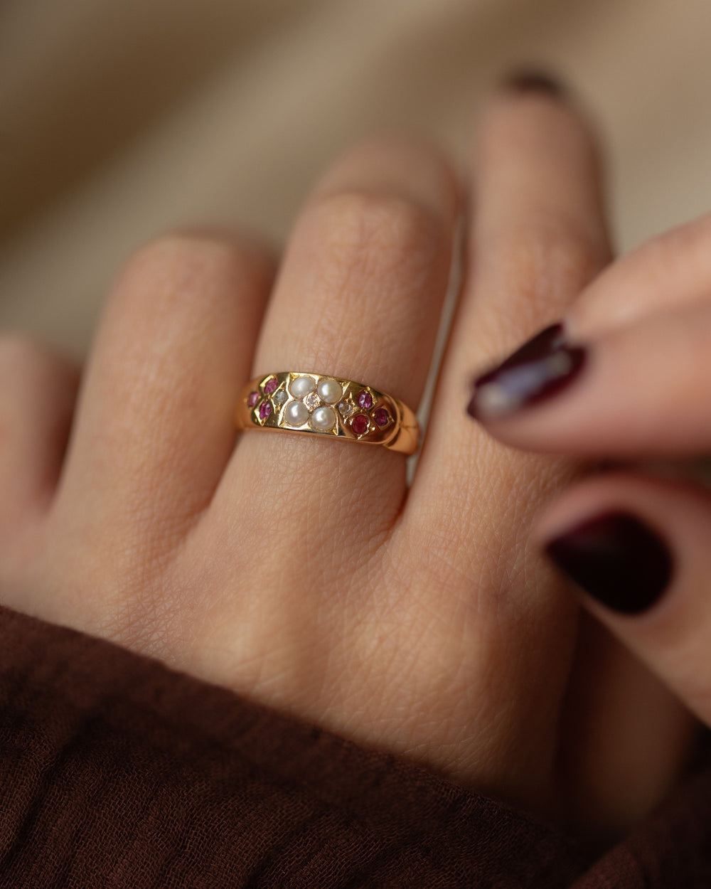 Lavinia 1880 Antique 18ct Gold Diamond, Pearl & Ruby Ring