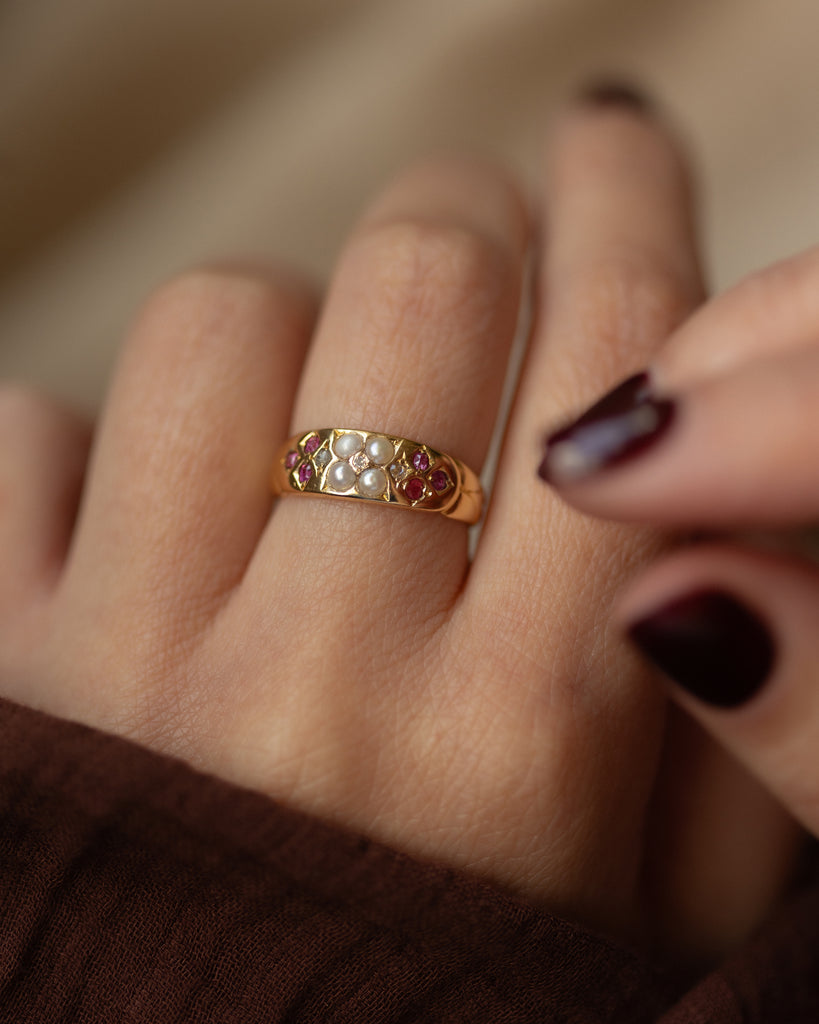 Lavinia 1880 Antique 18ct Gold Diamond, Pearl & Ruby Ring