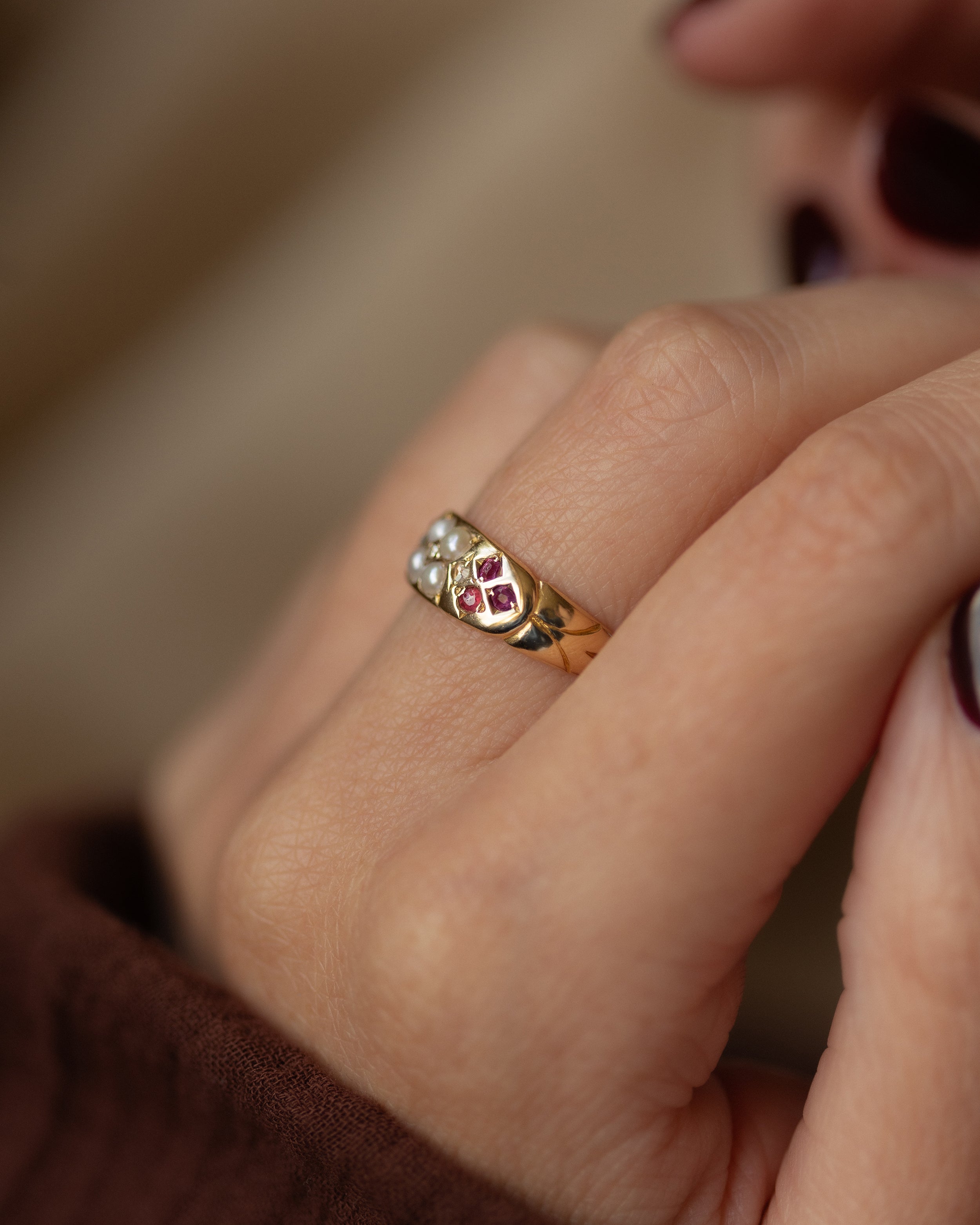 Lavinia 1880 Antique 18ct Gold Diamond, Pearl & Ruby Ring