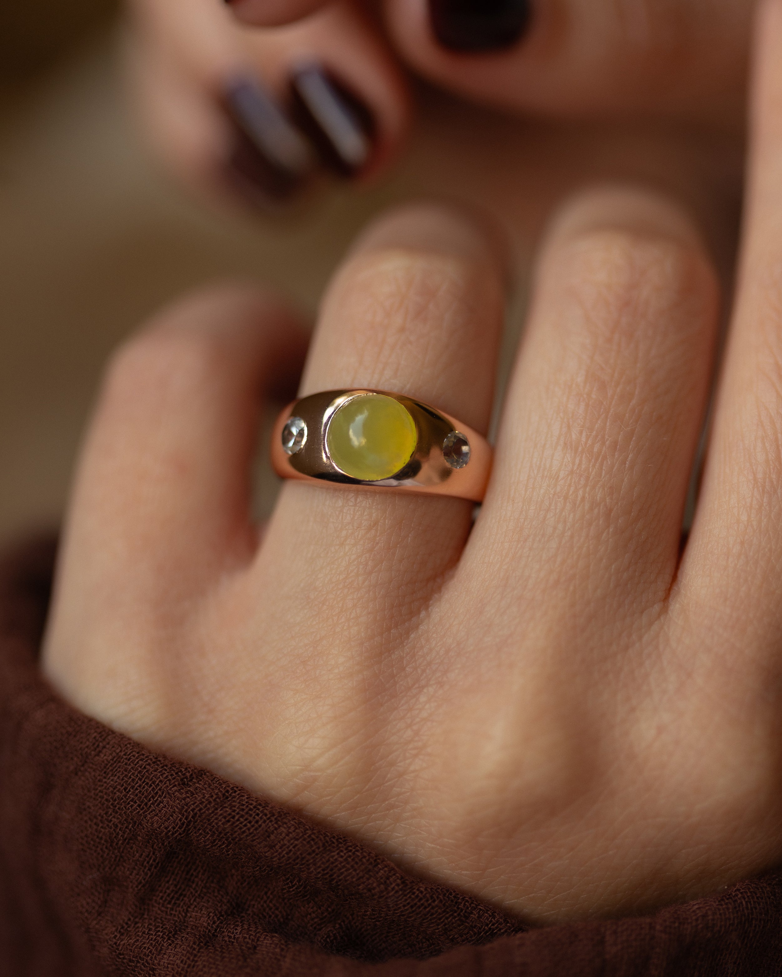Emilienne Vintage 9ct Gold Chrysoberyl & Diamond Trilogy Ring