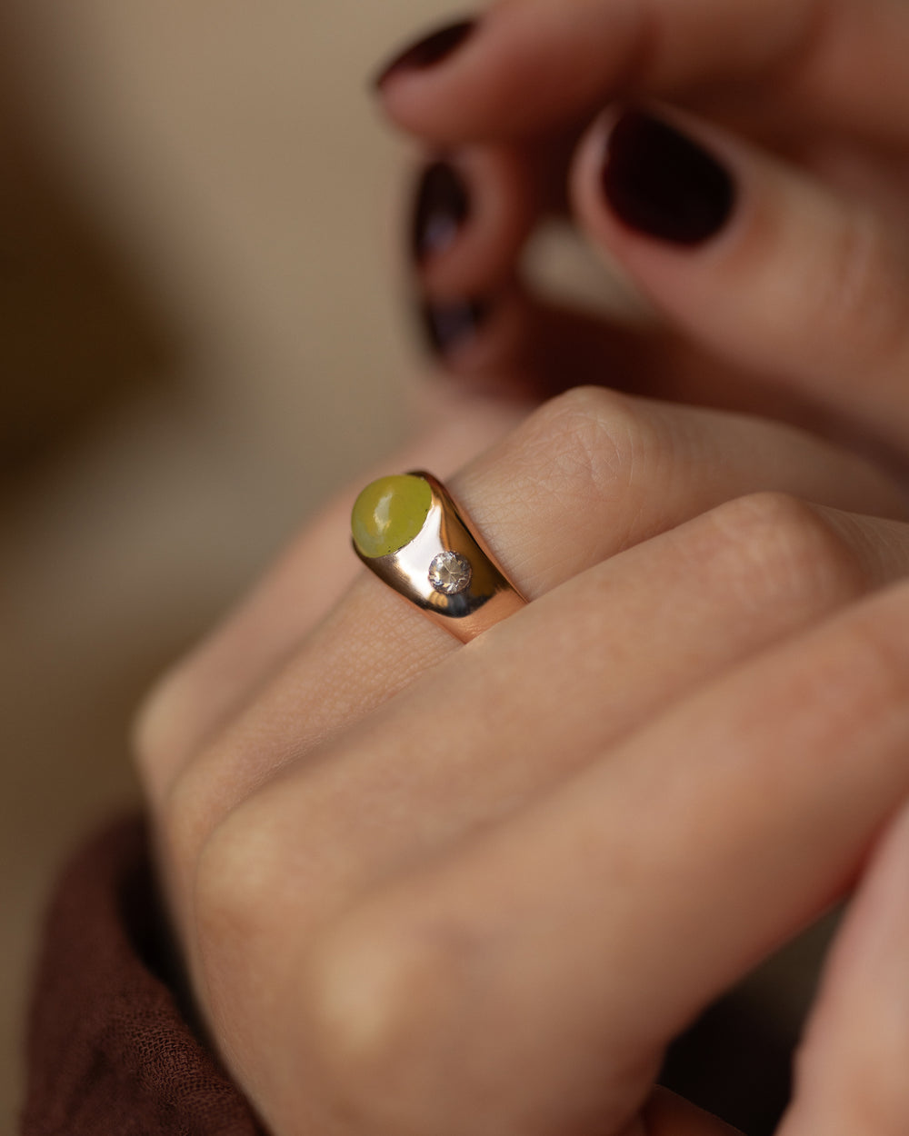 Emilienne Vintage 9ct Gold Chrysoberyl & Diamond Trilogy Ring