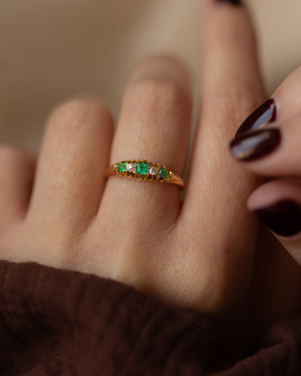 Anais 1904 Antique 18ct Gold Emerald & Diamond Five Stone Ring