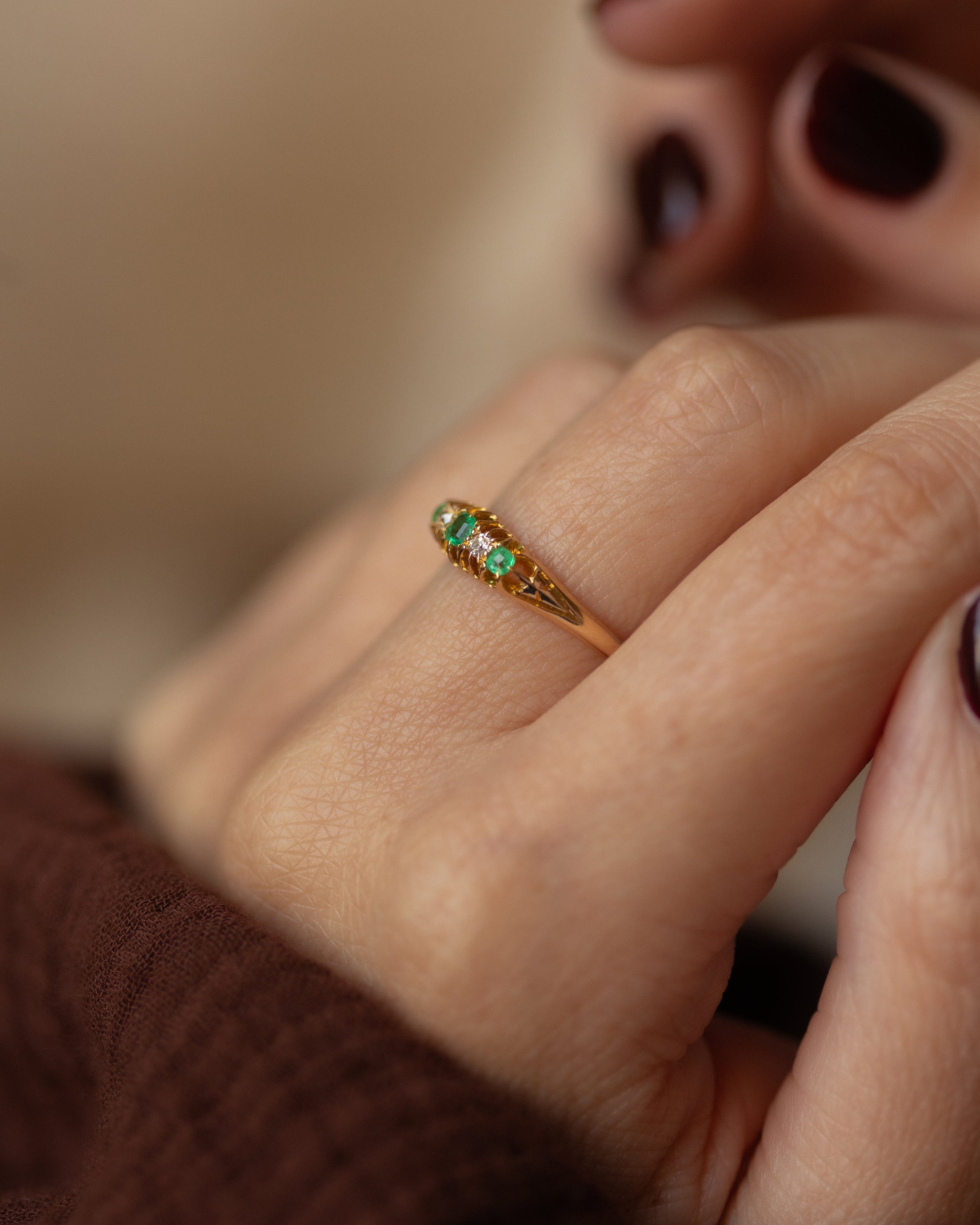 Anais 1904 Antique 18ct Gold Emerald & Diamond Five Stone Ring