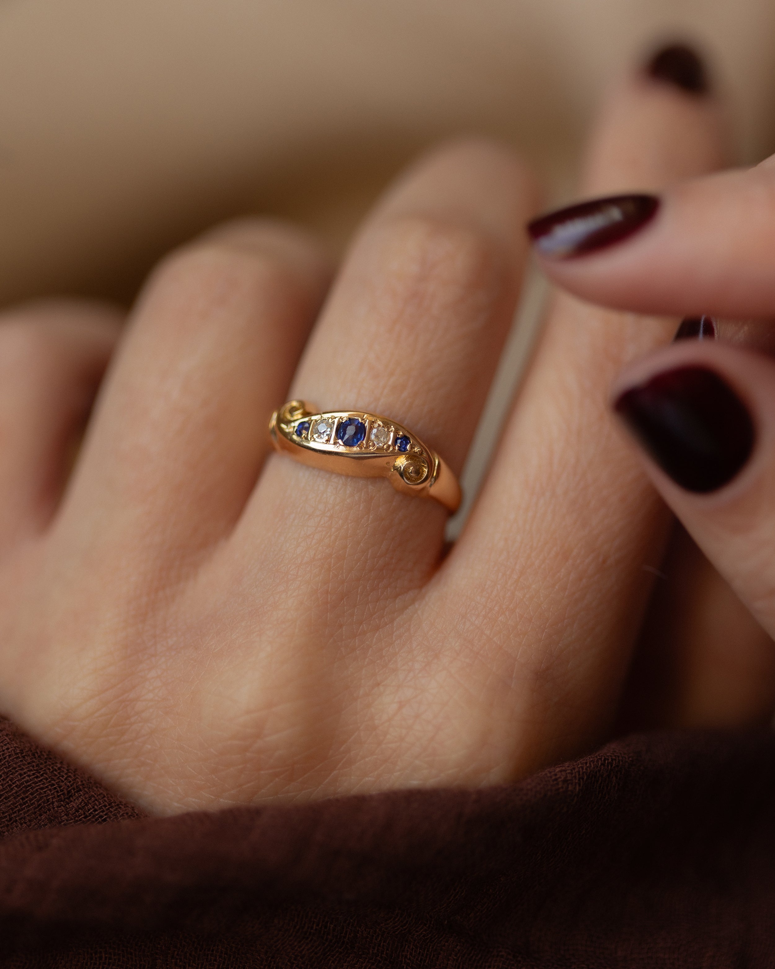 Image of Hortense 1919 Antique 18ct Gold Sapphire & Diamond Five Stone Ring