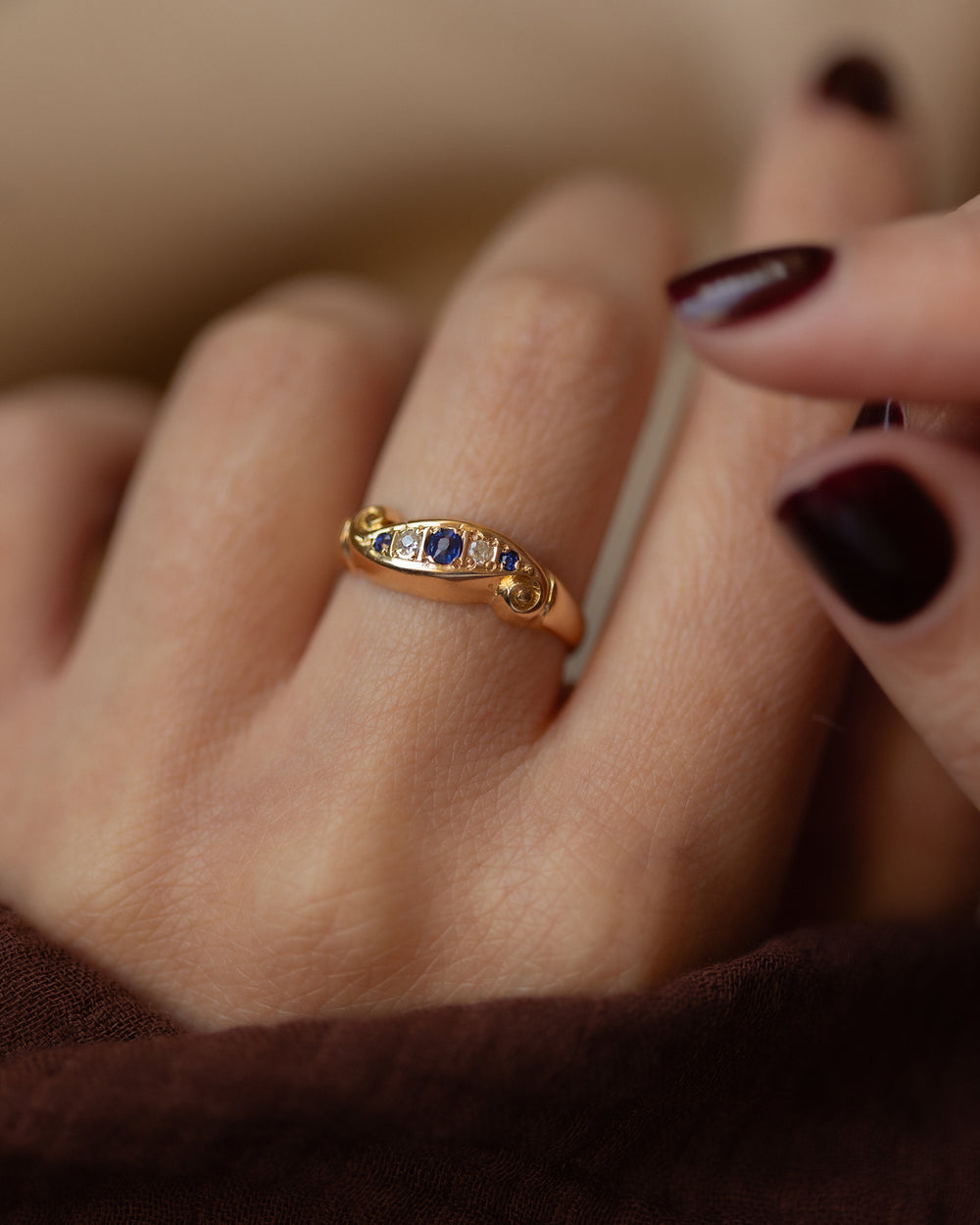 Hortense 1919 Antique 18ct Gold Sapphire & Diamond Five Stone Ring