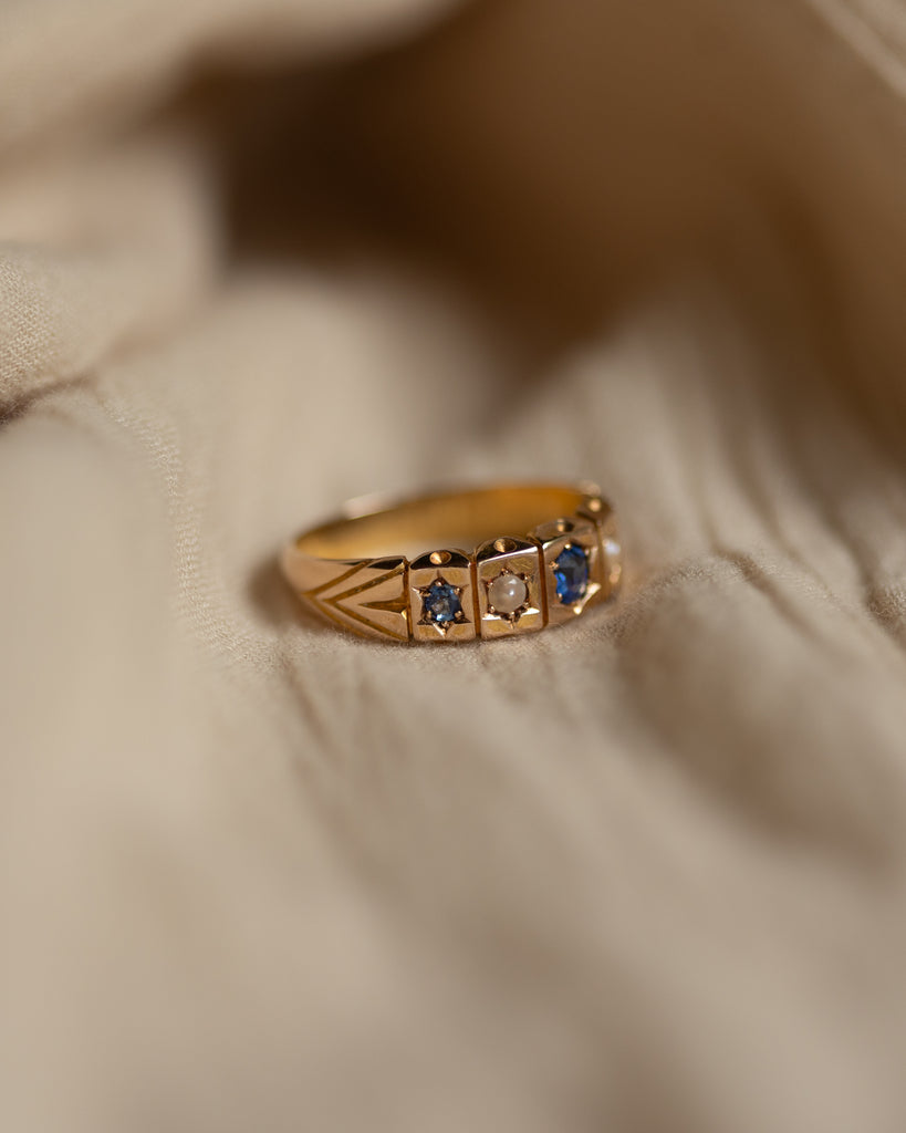 Audrey 1894 Antique 15ct Gold Sapphire & Pearl Five Stone Ring