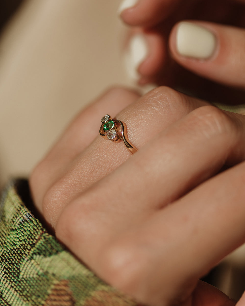 Vera Antique 18ct Gold Emerald & Diamond Trilogy Ring