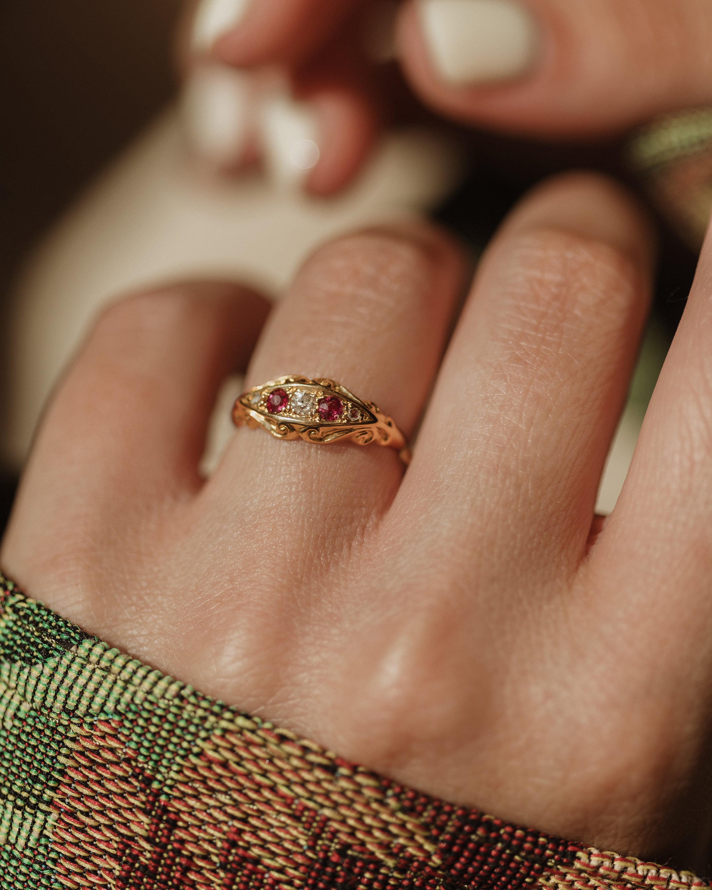 Image of Delphine 1916 Antique 18ct Gold Ruby & Diamond Five Stone Ring