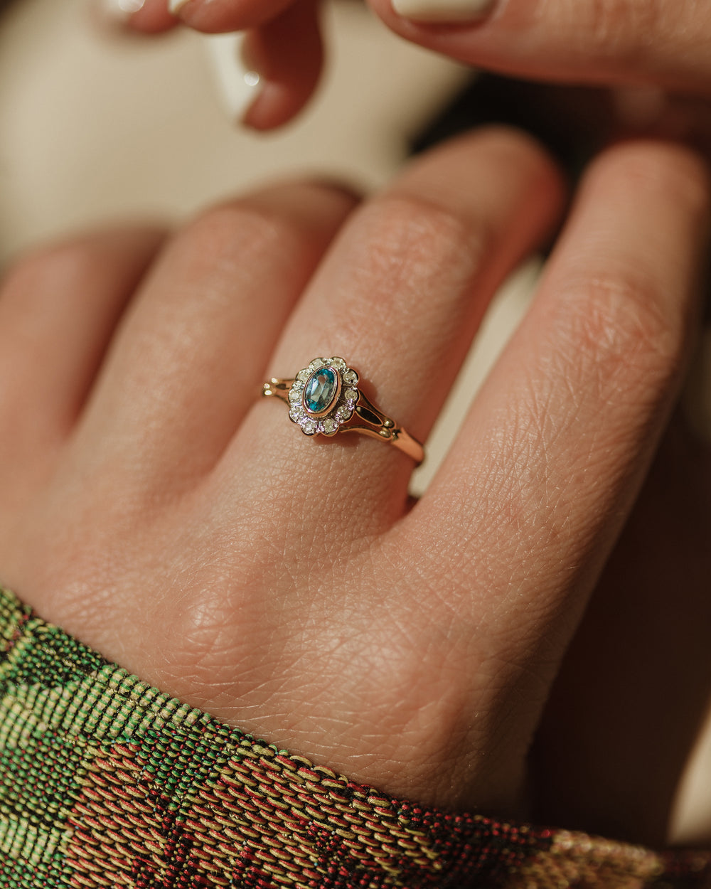 Bryony Vintage 9ct Gold Blue Topaz & Diamond Cluster Ring