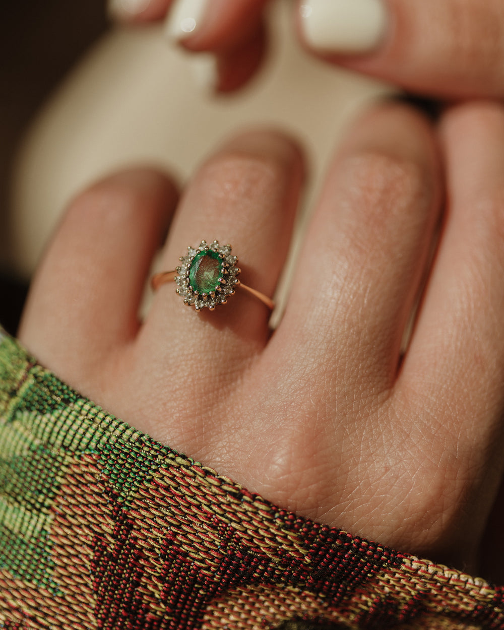 Irene 1987 Vintage 9ct Gold Emerald & Diamond Cluster Ring