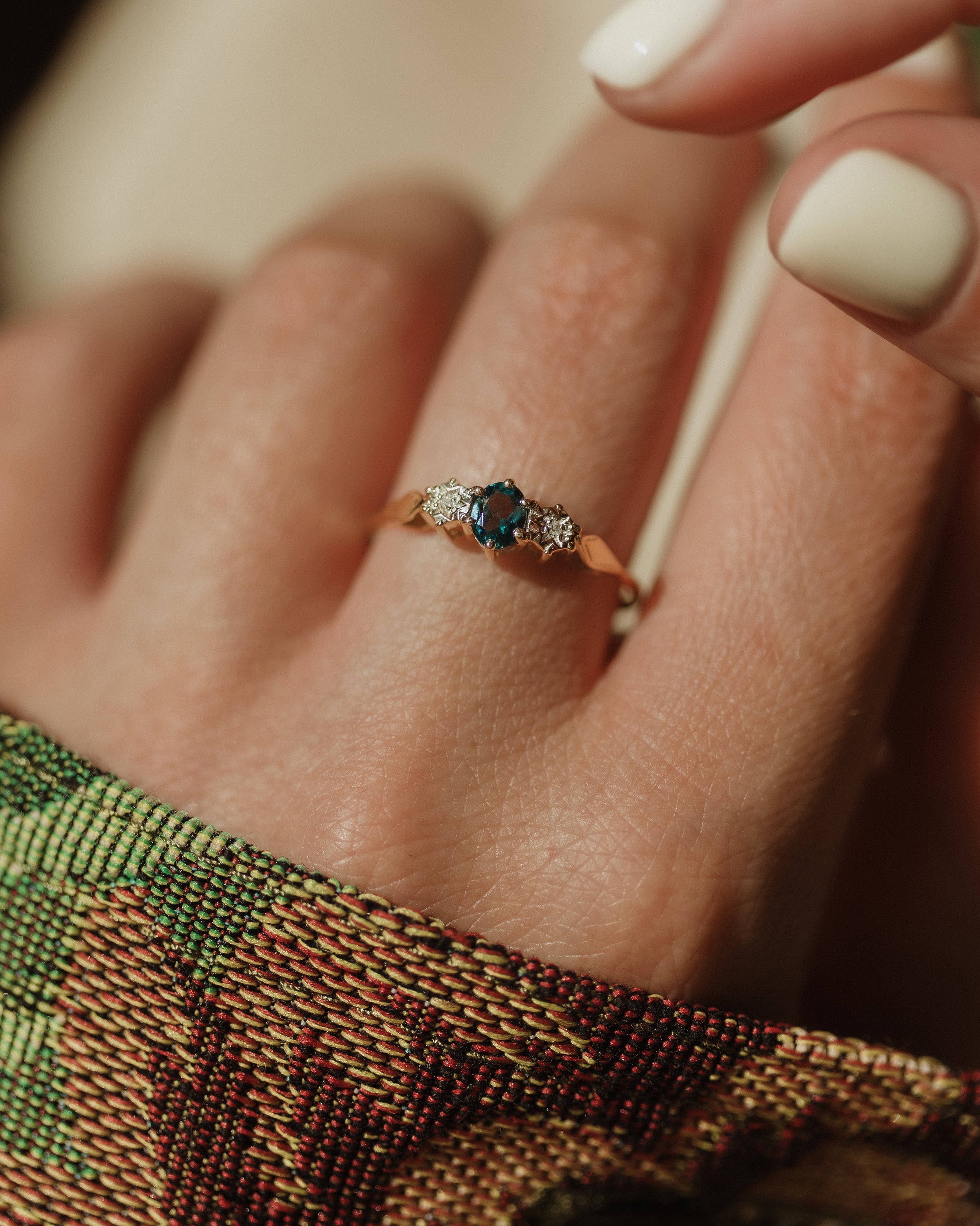 Selma Vintage 9ct Gold Blue Topaz & Diamond Trilogy Ring